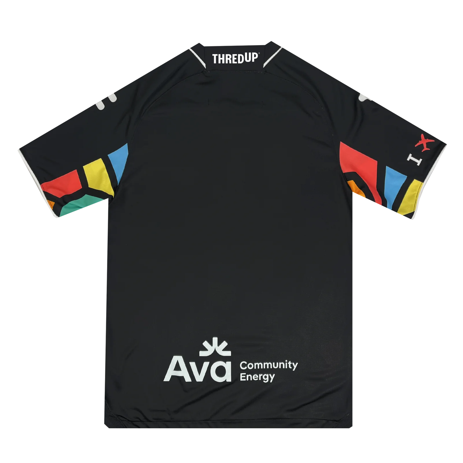 The Unisex Oakland Roots SC 2025 First Kit by Oakland Roots SC is a black short-sleeve jersey with vibrant geometric sleeve patterns. It features "THREDUP" at the top back and "Ava Community Energy" at the bottom, symbolizing unity like the spirit of Oakland Roots SC.