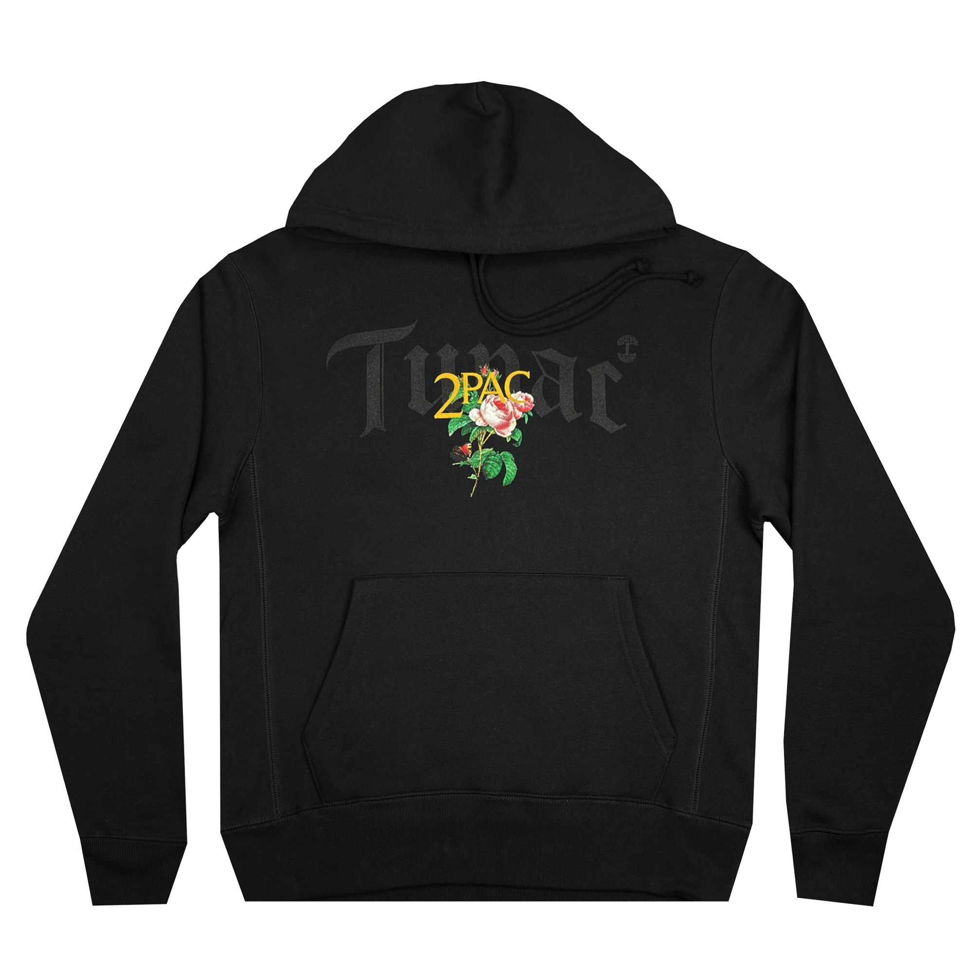 The Roses Hoodie from Oaklandish is a black garment showcasing the word "2PAC" in yellow and a detailed rose graphic on the front, celebrating Tupac's legacy. The name "Tupac" is subtly printed in a darker shade behind the rose design. This piece is part of the Oaklandish x Tupac hip-hop collection and includes features like a front pouch pocket and drawstring hood.