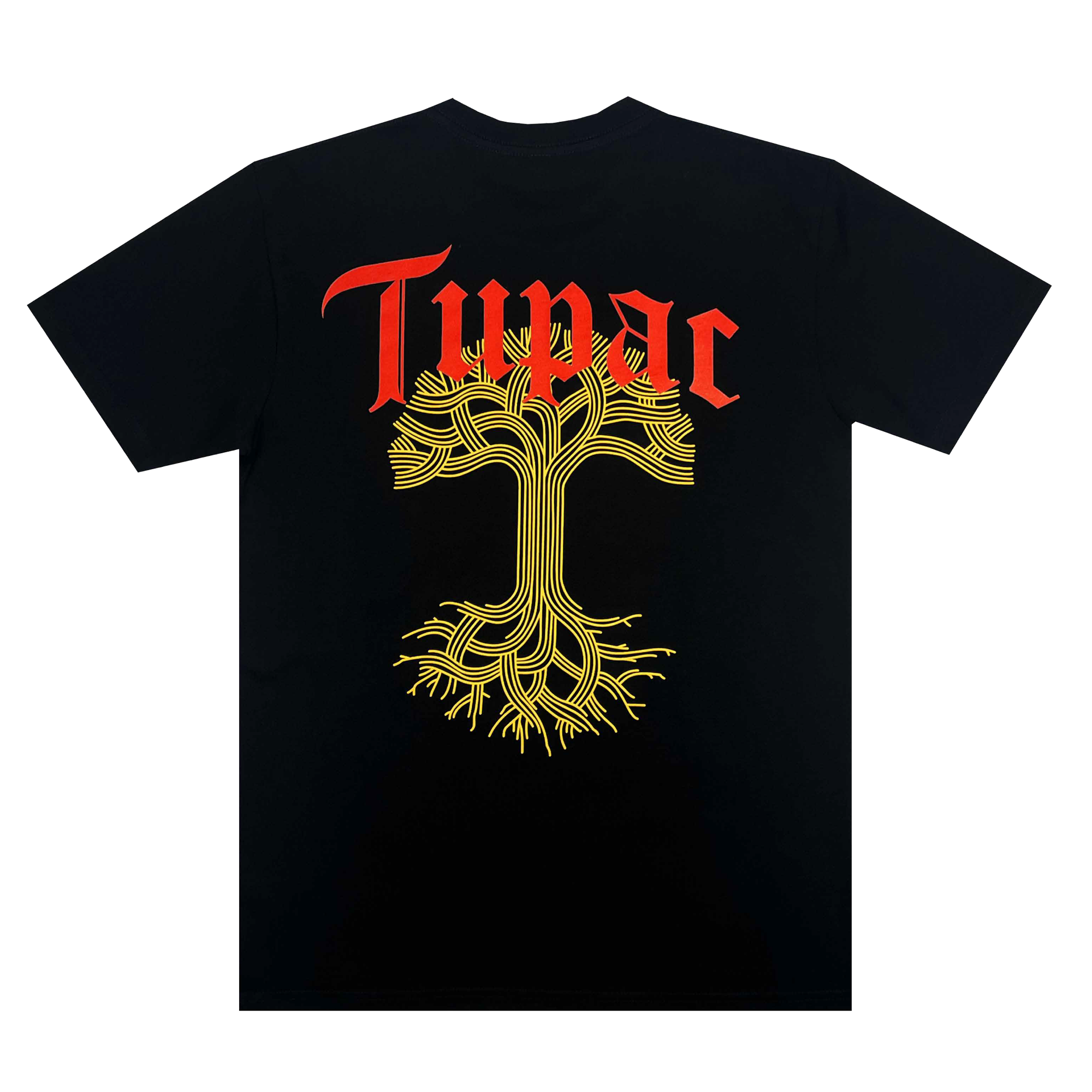 Black Roses Tee by Oaklandish featuring "Tupac" in red, gothic-style lettering at the top. Below, a stylized tree-like design with yellow roots extending downward—part of the Oaklandish x Tupac collaboration celebrating Oakland hip-hop.