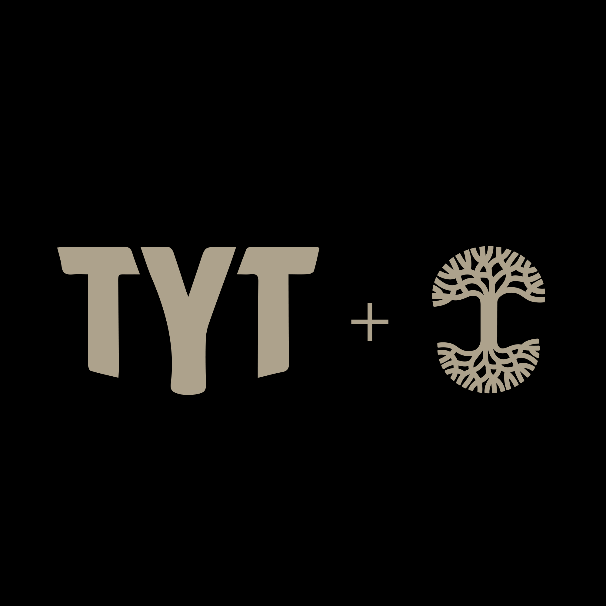 The image showcases a black background with "TYT" in bold tan letters, accompanied by a plus sign and an Oaklandish-inspired stylized tree emblem. This circular design of roots and branches enhances the elegance of what is known as the TYT Weight of a Vote Tee by Oaklandish.