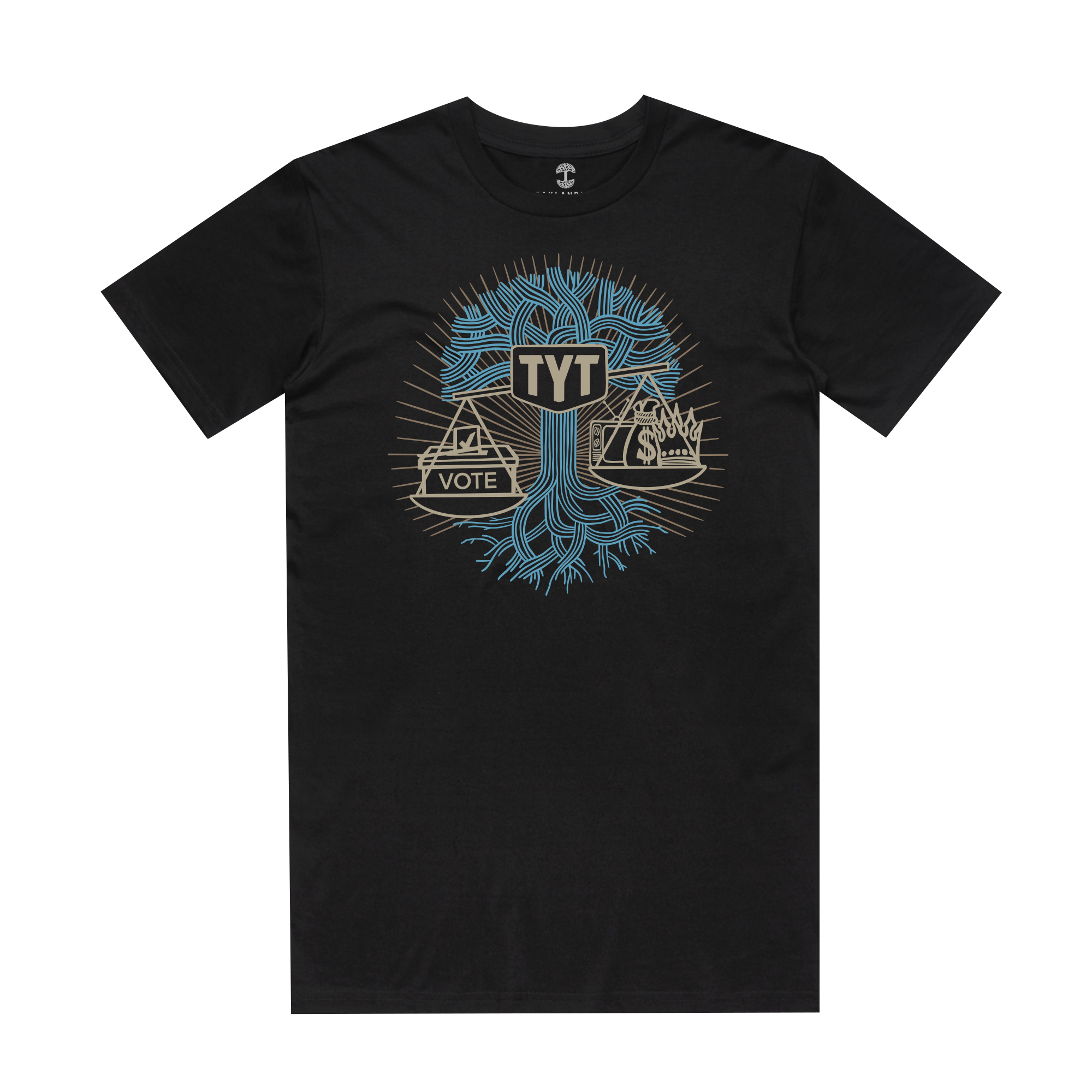 Oaklandish's TYT Weight of a Vote Tee is a black shirt adorned with a stylized tree design. At the center is "TYT," featuring a scale labeled "Vote" on the left branch and a hashtag symbol with "News" on the right. The artwork combines blue, beige, and white tones for an eye-catching appearance.