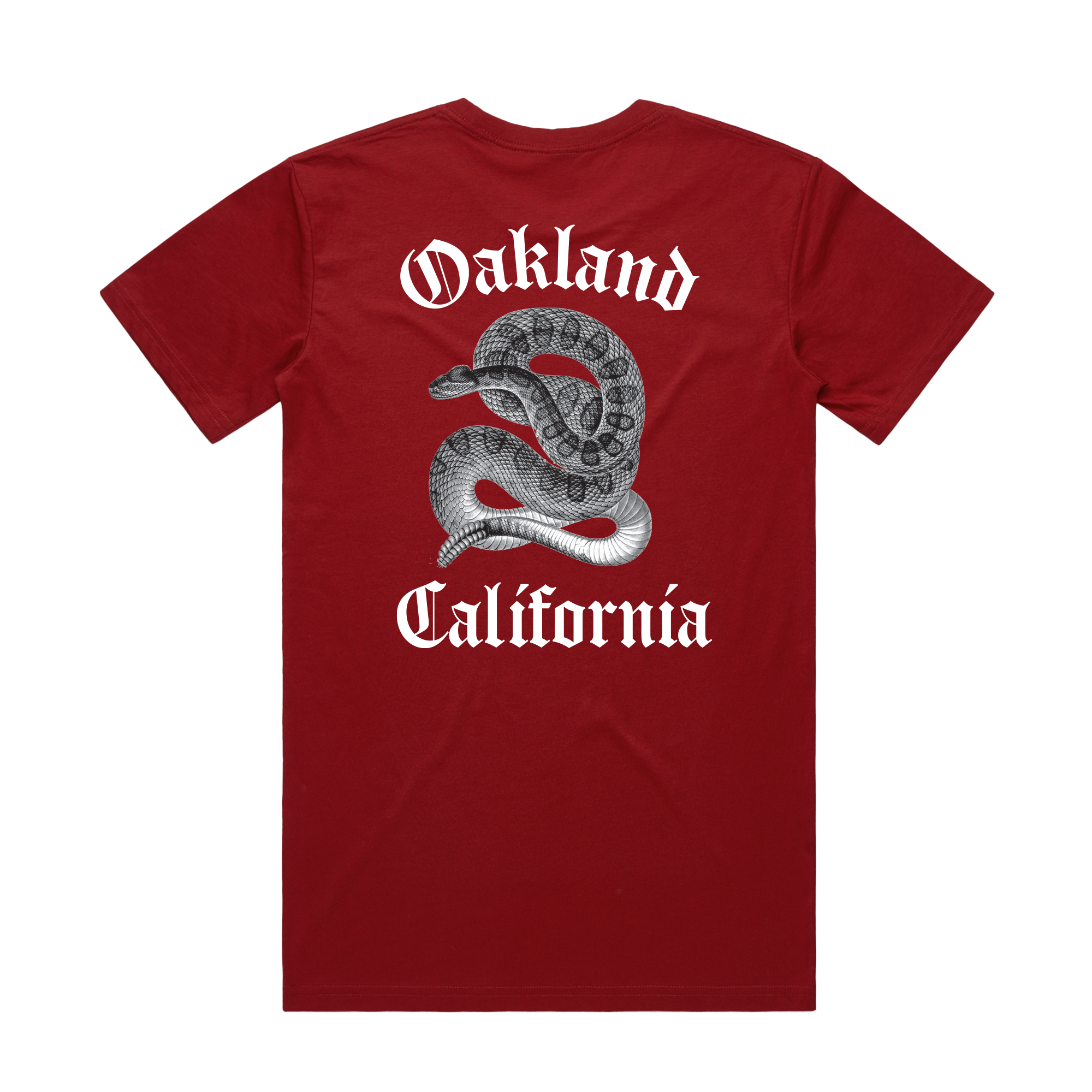 The Sistrurus Tee by Oaklandish is a red classic fit t-shirt with a white coiled snake graphic on the back. The words "Oakland" and "California" in bold gothic font sit above and below the snake. Made from 100% cotton, it offers a striking contrast against the solid color.