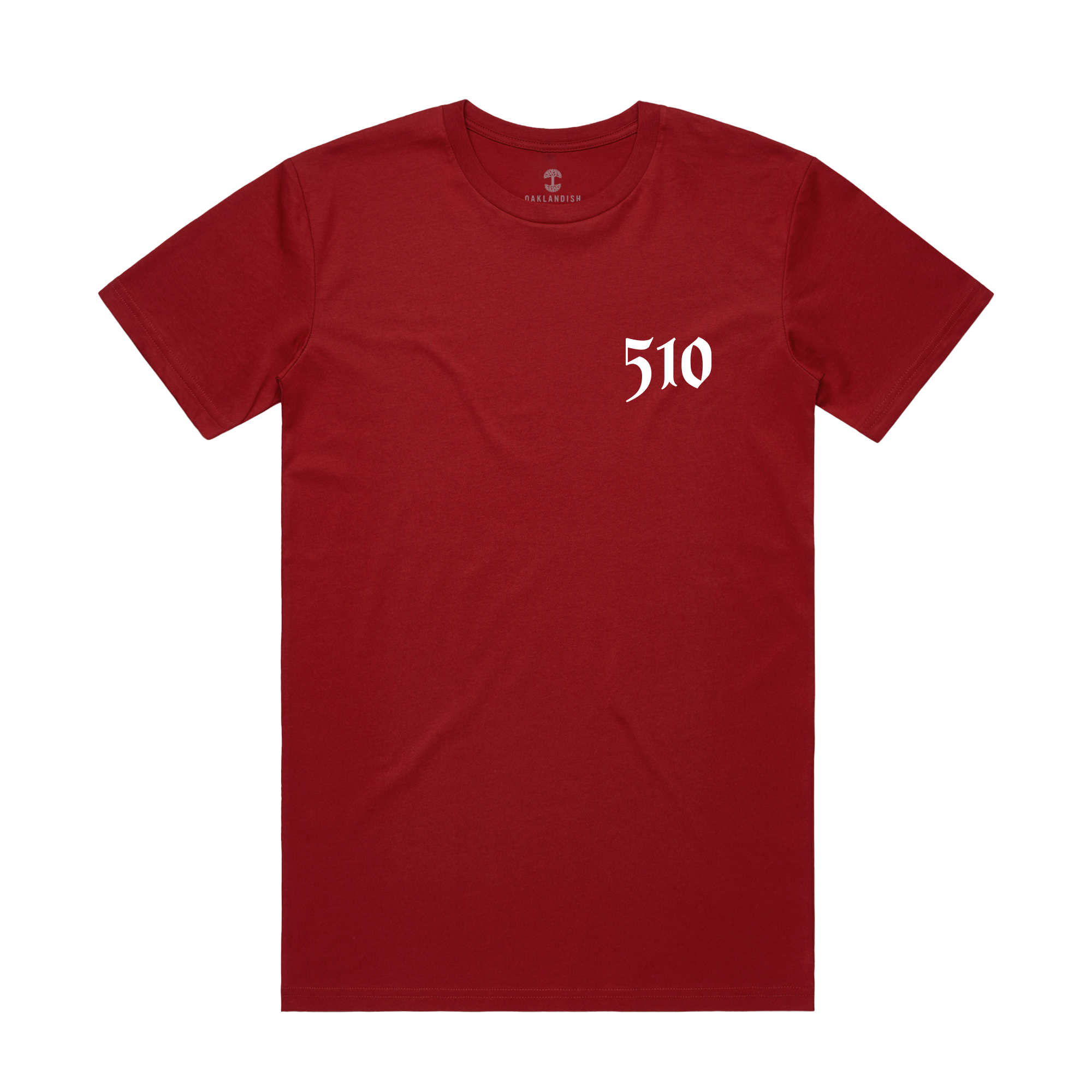 The Sistrurus Tee by Oaklandish is a classic fit red T-shirt with "510" in white on the left chest. Made from 100% cotton, it features a simple design with short sleeves and a crew neckline, displayed against a white background.