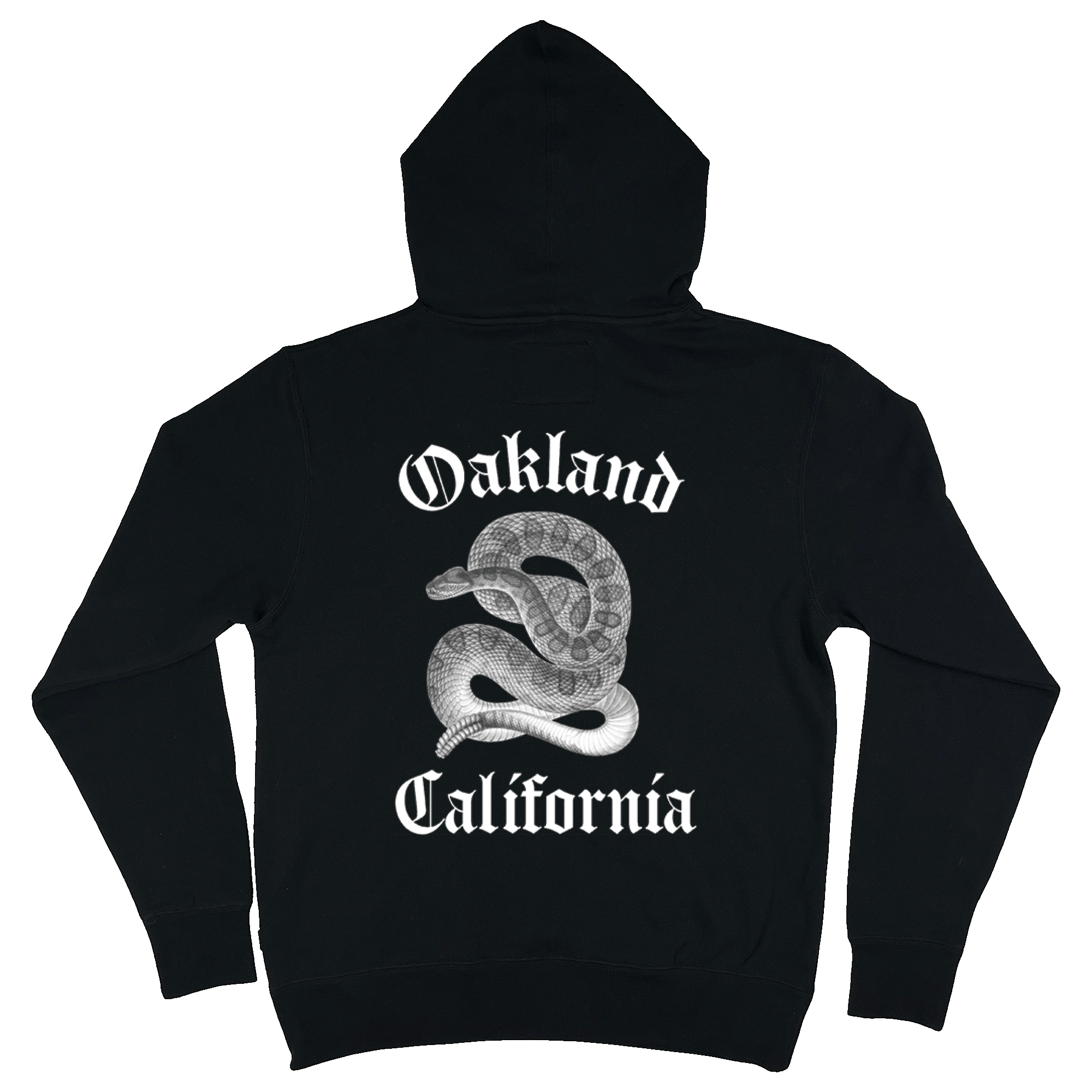 Back view of black pullover hoodie with Oakland California text and snake.