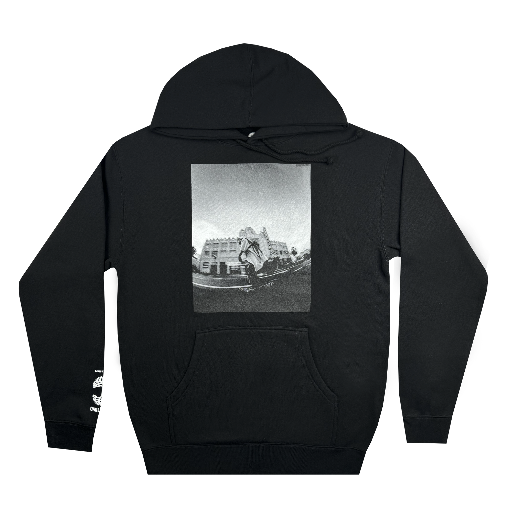 Introducing the "Skateboarding is Beautiful" Hoodie by Oaklandish: This black hoodie comes equipped with a large front pocket and a drawstring hood. It features a striking black-and-white graphic of a warped Oakland cityscape adorned with palm trees and buildings on the chest. A small, subtle white photographer's logo is positioned on the left sleeve near the cuff, making it perfect for skateboarding enthusiasts.