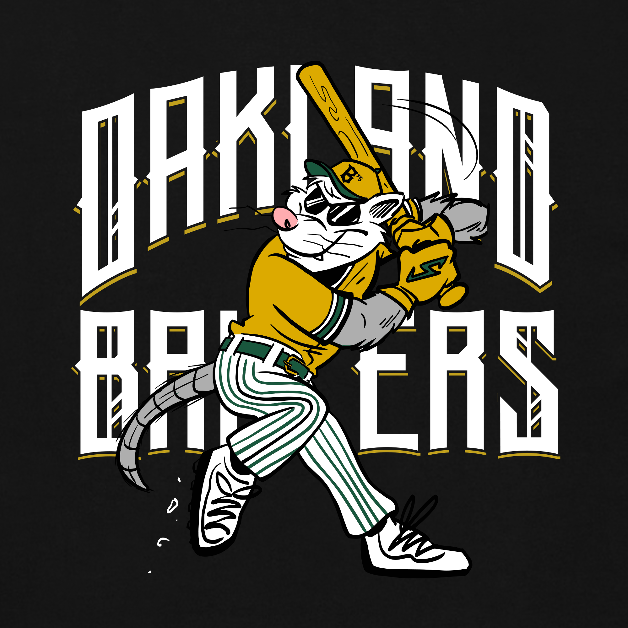 A cartoon mouse, perhaps Slugging Scrappy, dressed in a baseball uniform is captured mid-swing with a bat. He's sporting a yellow jersey matched with green and white striped pants, black cleats, white gloves, and topped off with a green cap — making the ideal mascot design. Behind him, "Oakland Ballers" is boldly displayed in stylized white letters on a black backdrop.