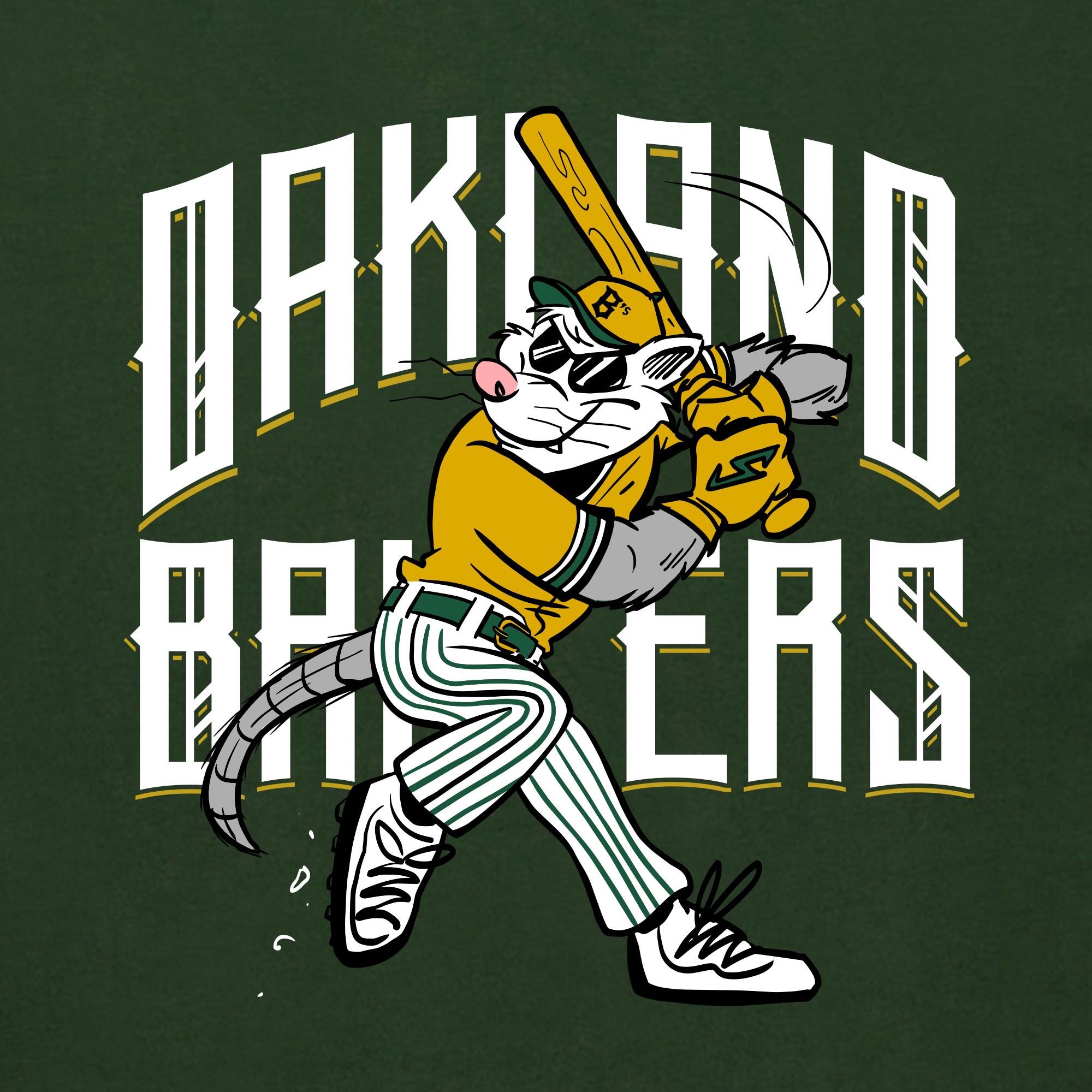 Illustration of a cartoon mouse in a baseball uniform, swinging a bat. Dubbed "Scrappy the Rally Possum," it wears a yellow jersey and striped pants, paired with white shoes. The backdrop showcases the bold text: "OAKLAND BALLERS." The mouse sports sunglasses and an effortlessly cool expression, reminiscent of artist Ken Mitchroney’s style. Available as the Youth Slugging Scrappy Tee by Oakland Ballers.