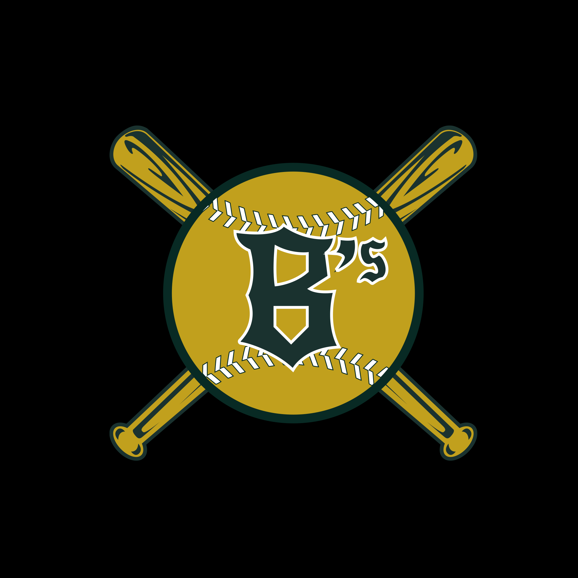 The Oakland Ballers' Slugging Scrappy Hoodie features a design with a yellow baseball adorned with green stitching, showcasing the letter "B's" in black Gothic font. Two crossed yellow baseball bats sit behind the ball, all set against a black background, capturing the mascot spirit of Scrappy the Rally Possum.