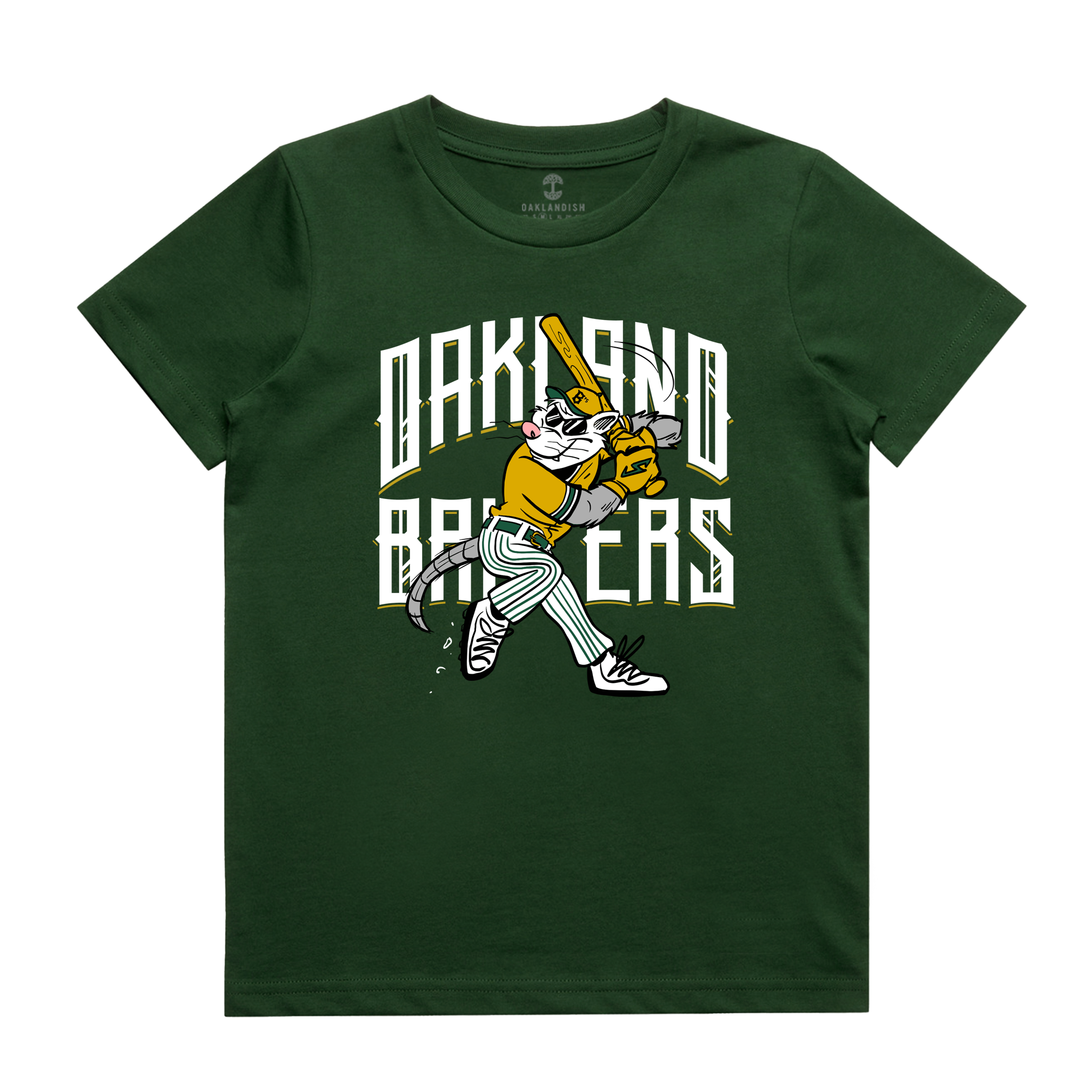 Youth Slugging Scrappy Tee features a cartoon cat in baseball attire, evoking the style of Ken Mitchroney. The cat is dressed in a green and yellow jersey with striped white pants, and bold text "OAKLAND BALLERS" appears behind it in a sporty font.