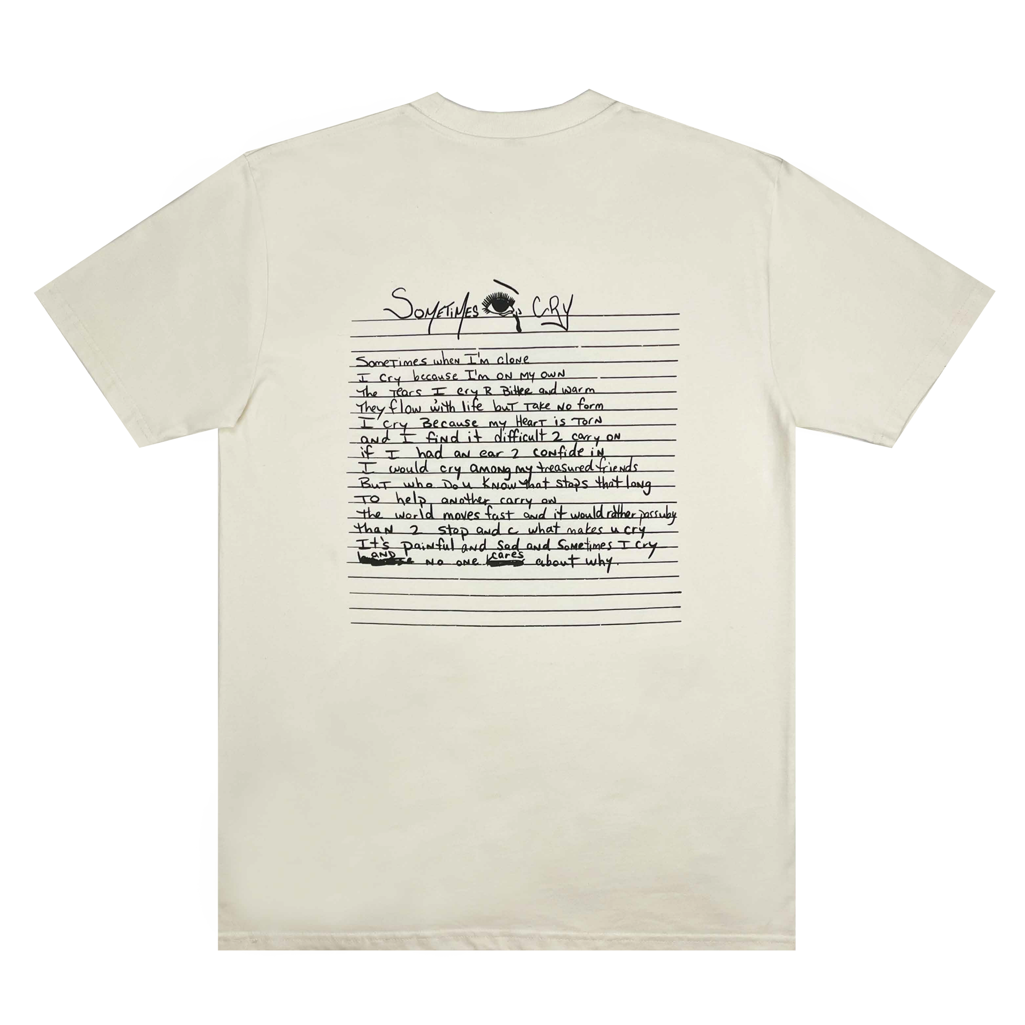 The "Sometimes Eye Cry Tee" by Oaklandish is a beige T-shirt with a poem titled "Song for the City," written on lined paper and adorned with small black ink sketches. The screen-printed text and artwork on the back capture an essence that merges timeless hip-hop culture with casual artistry.