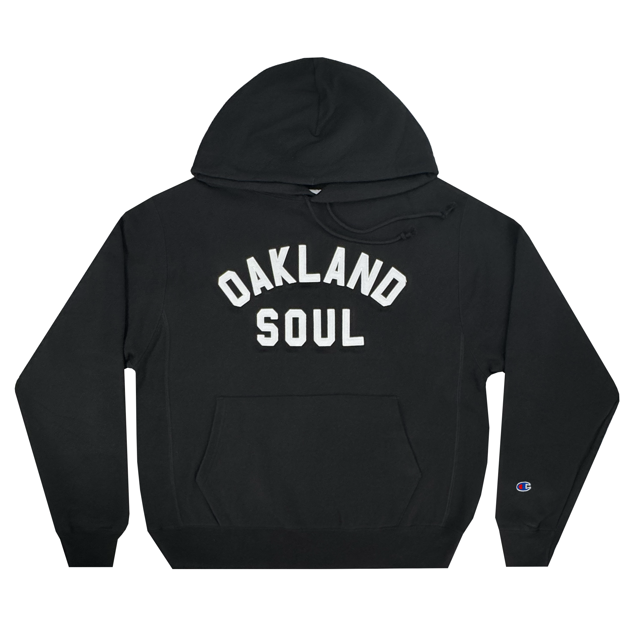 The Champion X Oakland Soul Wordmark Hoodie by Oakland Soul is a black hooded sweatshirt with "OAKLAND SOUL" in bold white across the chest. Celebrating women's soccer, it has a front pouch pocket, a small embroidered sleeve logo, dangling drawstrings, and soft fabric for comfort.