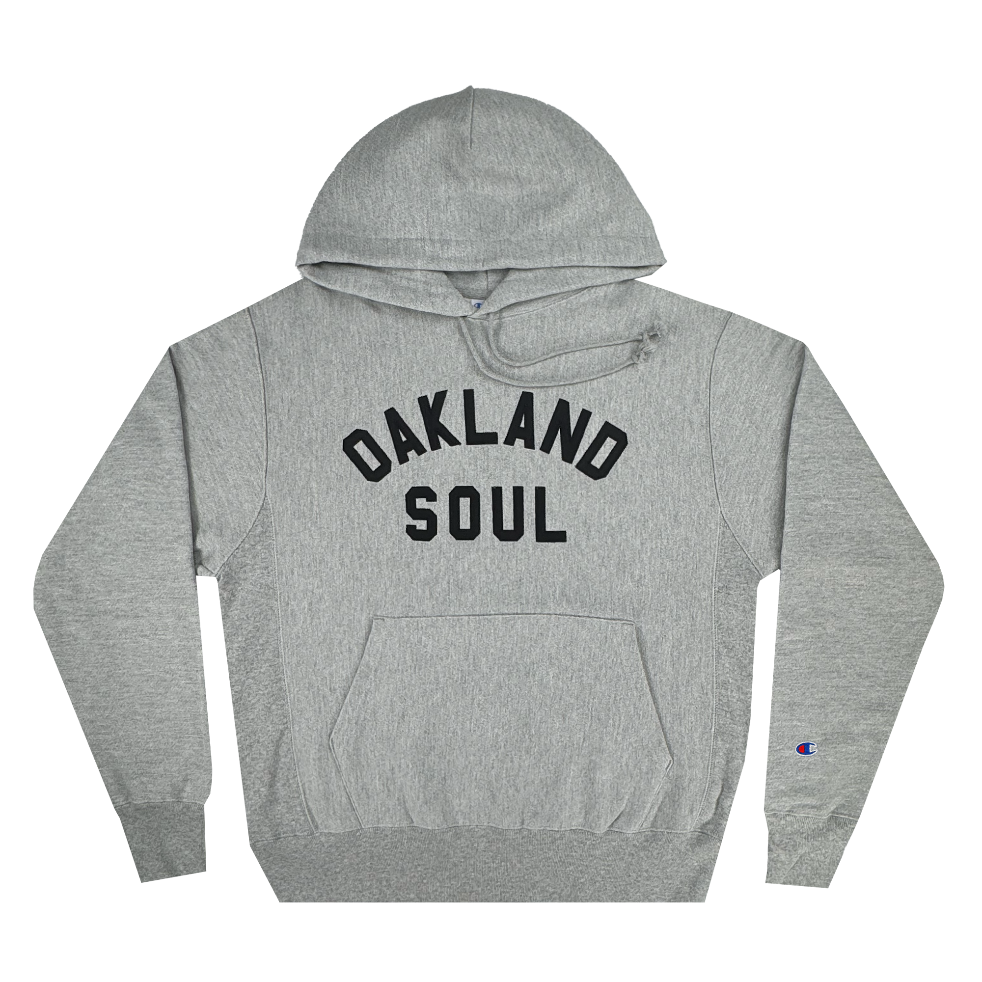 The Champion X Oakland Soul Wordmark Hoodie celebrates Oakland's women's soccer team with "OAKLAND SOUL" in bold black letters on a gray hoodie. It features long sleeves, a kangaroo pocket, ribbed cuffs and hem, a drawstring hood, and the Champion logo on the left sleeve.