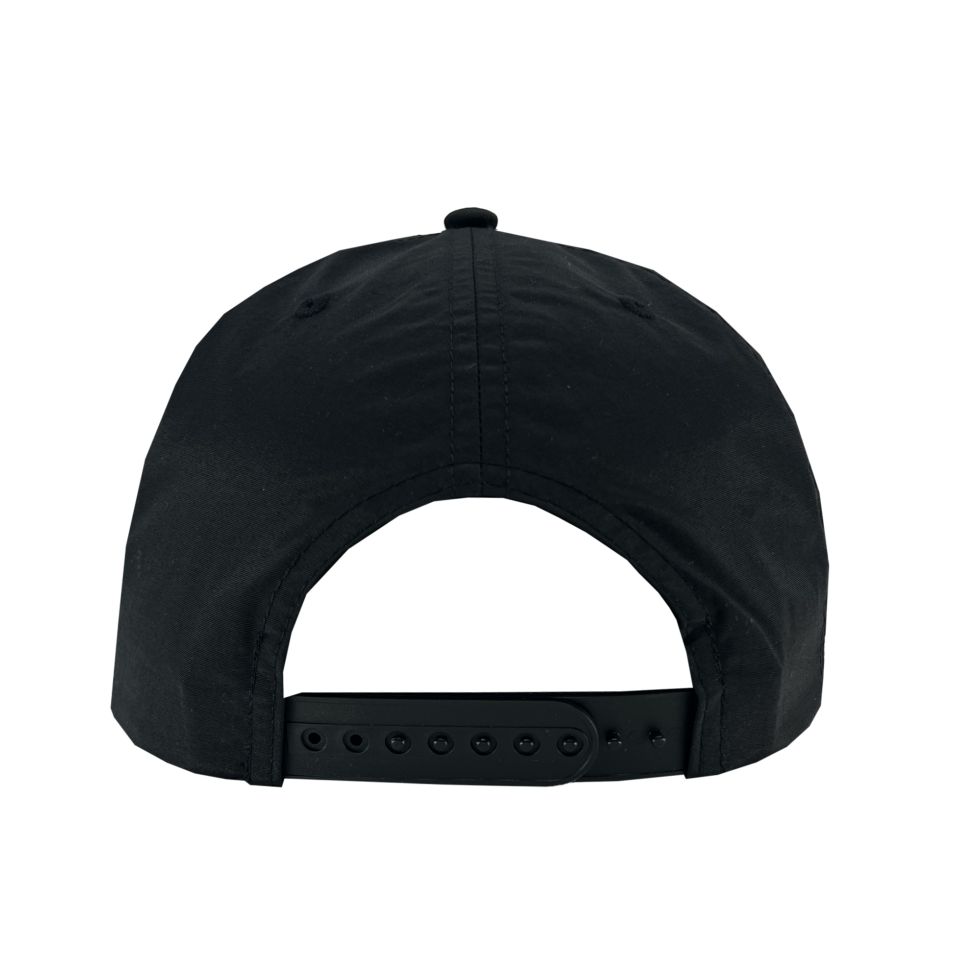 The image displays the back view of the Oakland Soul Surf Cap, a black baseball cap ideal for fans of the USL W-League's Oakland Soul women's soccer team. This cap, from the Oakland Soul brand, features a classic snapback closure with small holes and a plastic strap for adjustable fitting. The top part of the cap is adorned with visible stitching and a small fabric button.