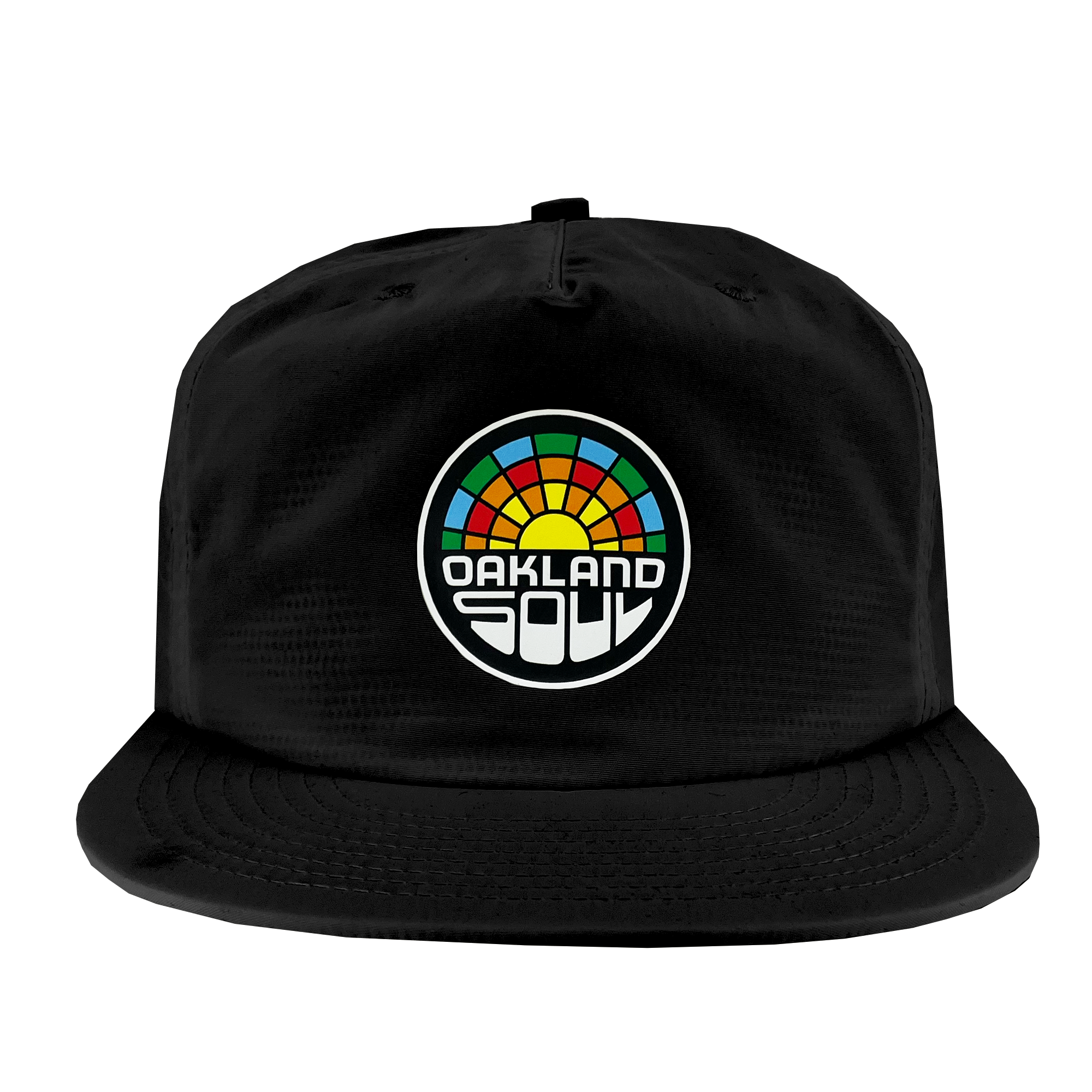 The Oakland Soul Surf Cap is a black snapback hat featuring a colorful embroidered logo in the center. The circular logo showcases a multi-colored segmented pattern of red, orange, yellow, green, and blue, with the text "OAKLAND SOUL" in bold, white stylized letters beneath it, celebrating the USL W-League's vibrant women's soccer team.