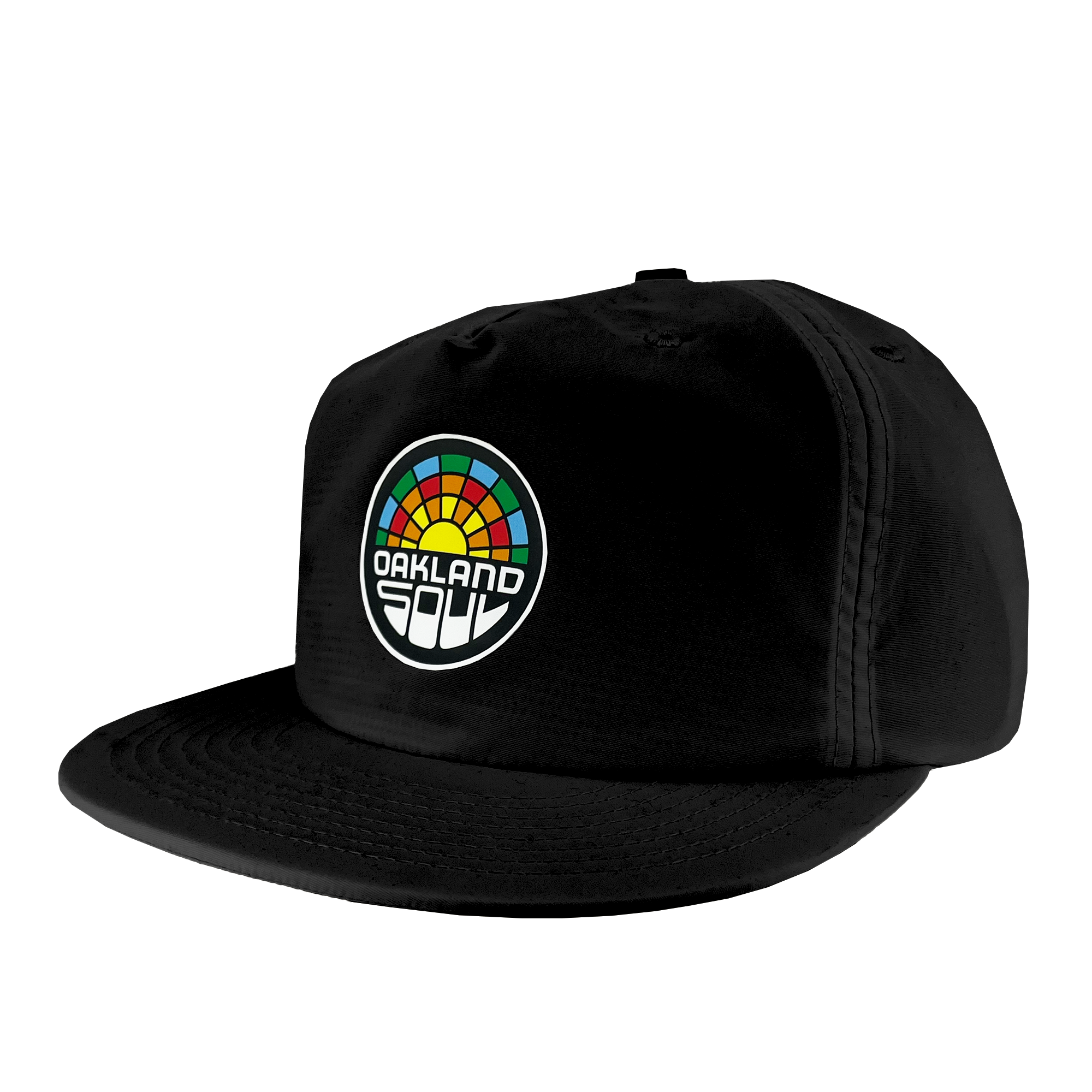 The Oakland Soul Surf Cap is a black snapback hat boasting a vibrant geometric design reminiscent of a sunrise or sunset on the front panel. Below this design, the text "OAKLAND SOUL" is prominently displayed in honor of the women's soccer team from the USL W-League. The hat features a slightly curved bill and noticeable stitching details.