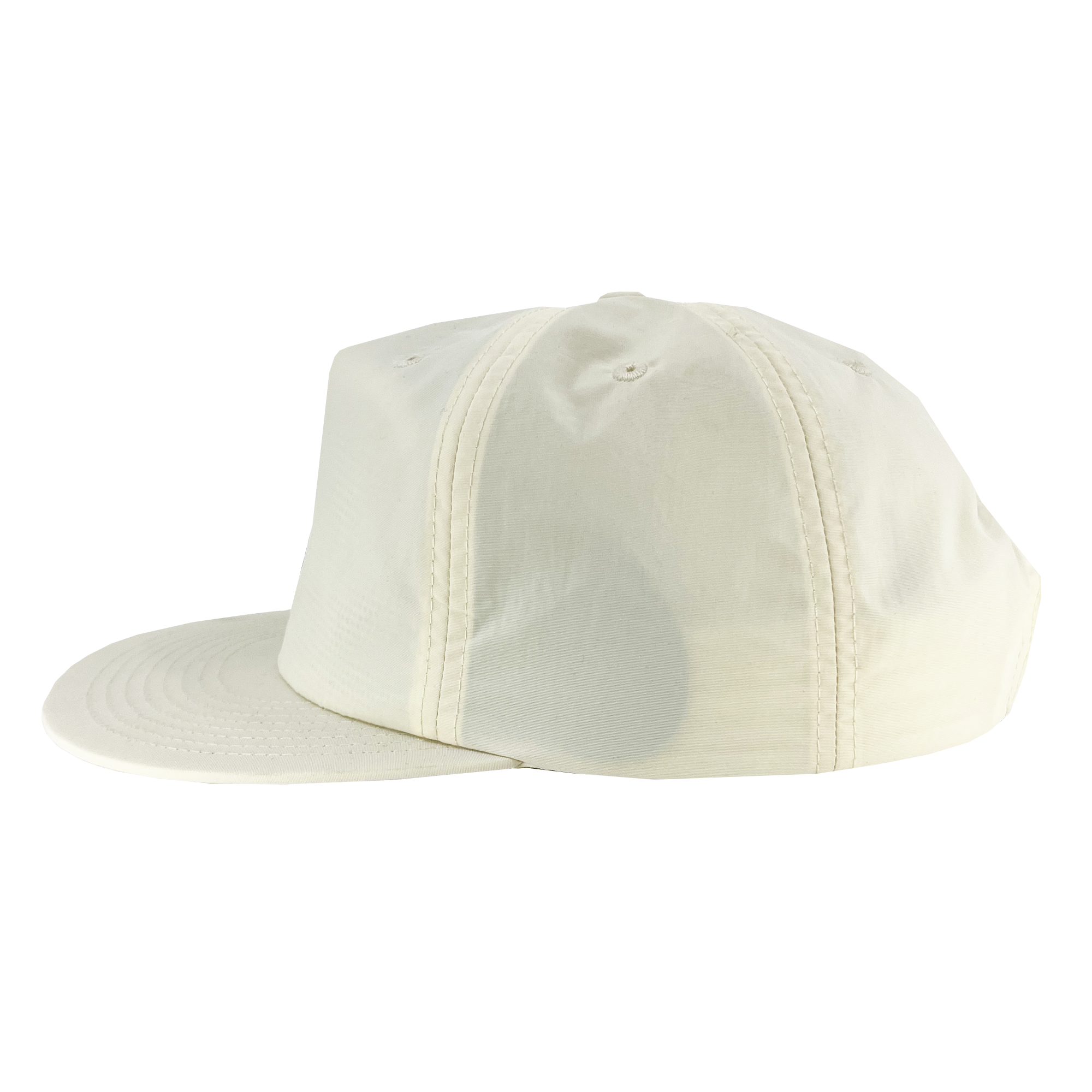 A side view of the Oakland Soul Surf Cap, featuring a plain beige design. The cap has a flat brim, six panels with matching beige stitching, and two ventilation holes on the topmost panel. The Oakland Soul USL W-League women's soccer team logo is subtly embroidered on the front. It is displayed against a white background.