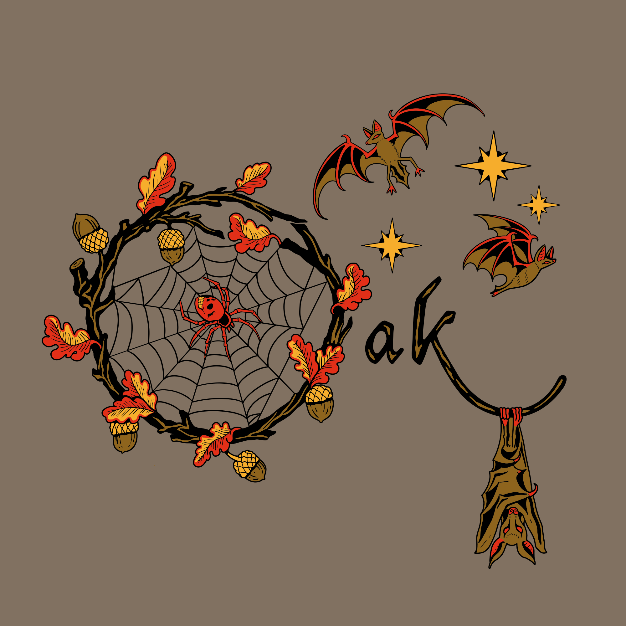 The Women's Spellbound Tee by Oaklandish showcases an elaborate design with a spiderweb embellished with autumn leaves and acorns. Orange and yellow bats flutter among stars, with one hanging from a branch, while the letters "a" and "k" are artfully integrated against a subtle brown backdrop.