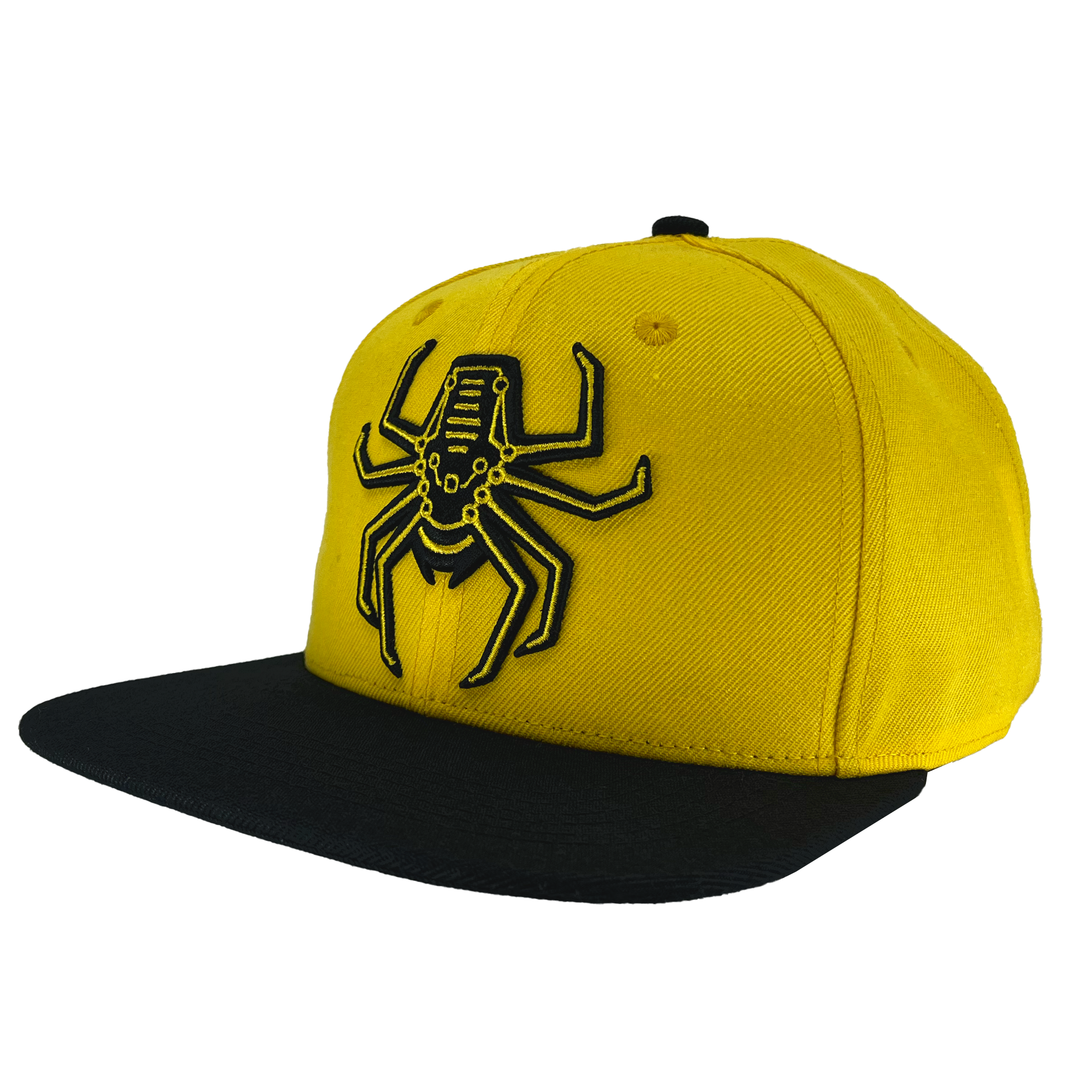 Angled view of yellow snapback hat with Oakland Spiders logo on crown and black brim.