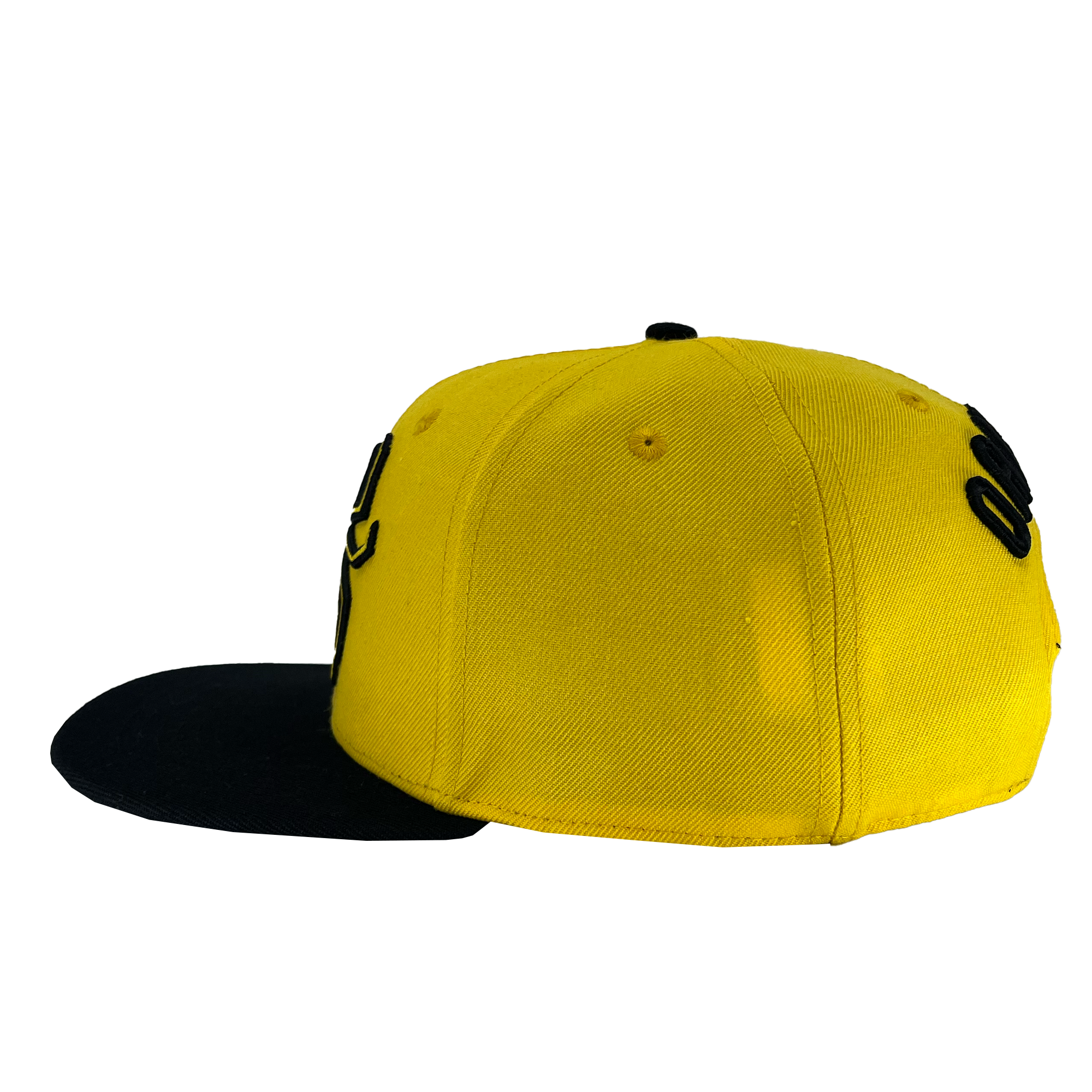 Left wear side view yellow snapback hat with Oakland Spiders logo on crown and black brim.