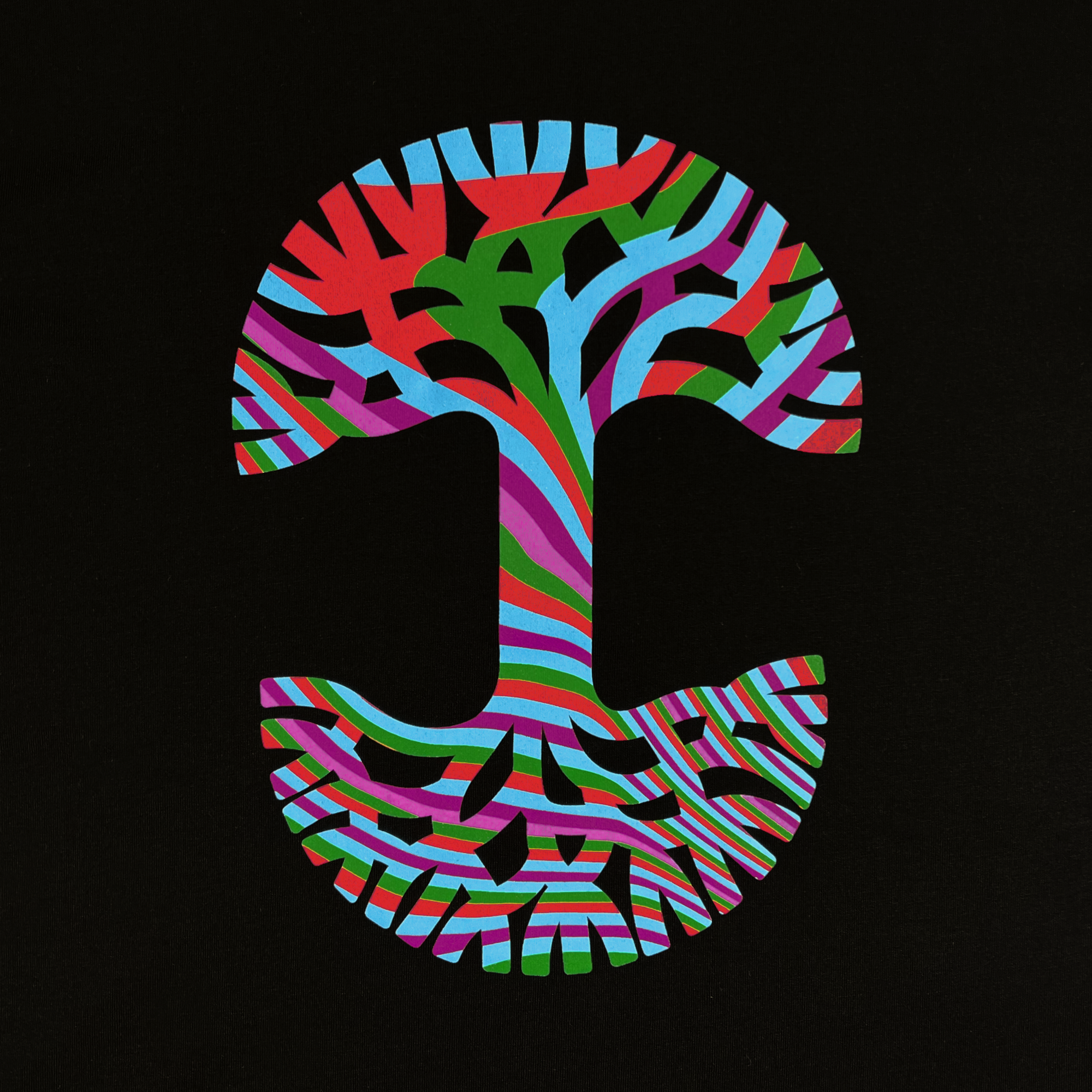 The Stripe Tree Tee by Oaklandish features an abstract graphic of a tree with roots, both forming the shape of the letter "T." The design showcases vibrant, multicolored stripes in red, blue, green, and purple set against a black background on a classic fit t-shirt from our men's collection. Made from 100% cotton for ultimate comfort.