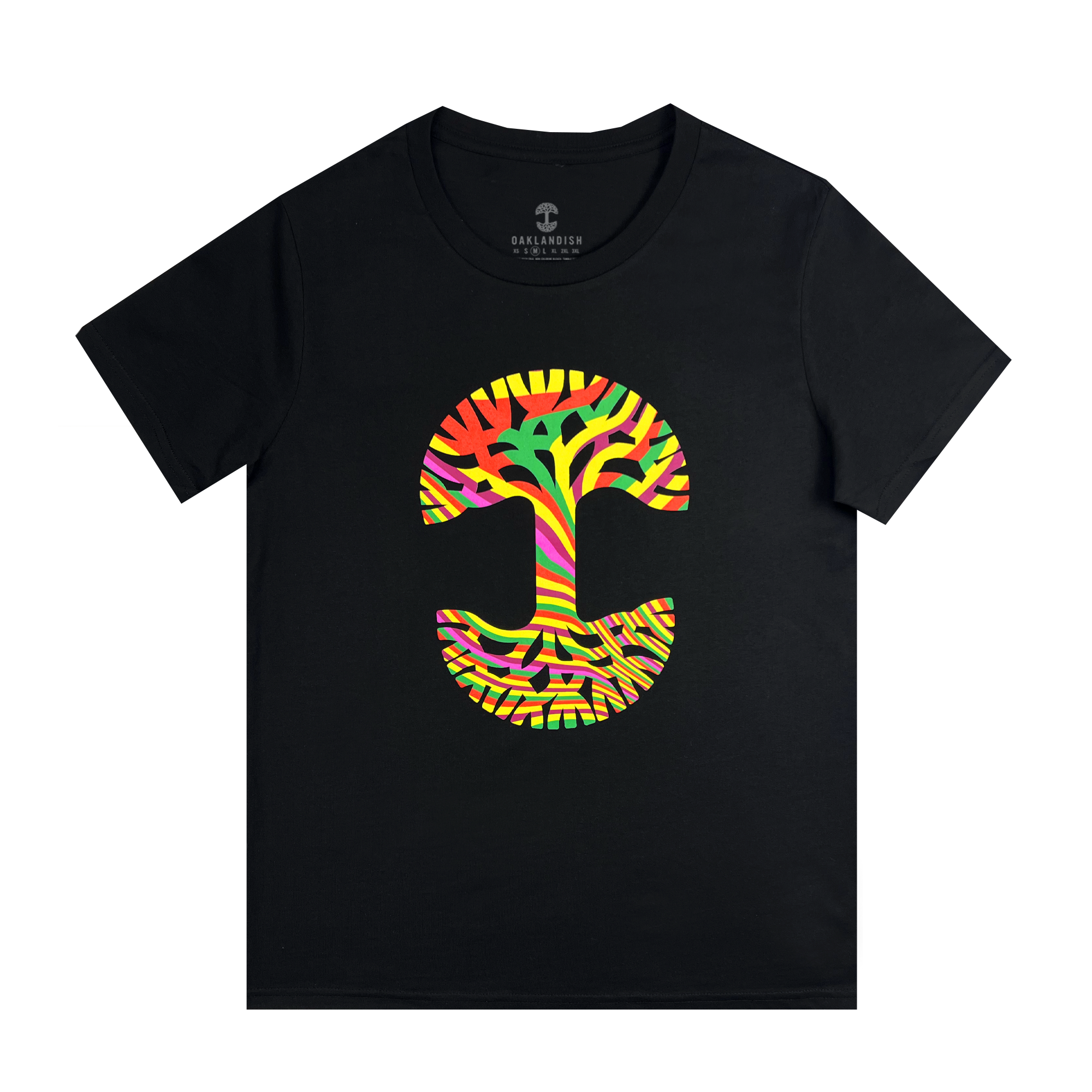 Check out the Women's Stripe Tree Tee by Oaklandish! This black T-shirt showcases a vibrant, abstract design of an upright tree with branching limbs. The tree bursts with colors such as red, yellow, green, and orange and features striped patterns on the trunk and branches. Made from 100% cotton for ultimate comfort, this classic fit tee is perfect for any occasion.