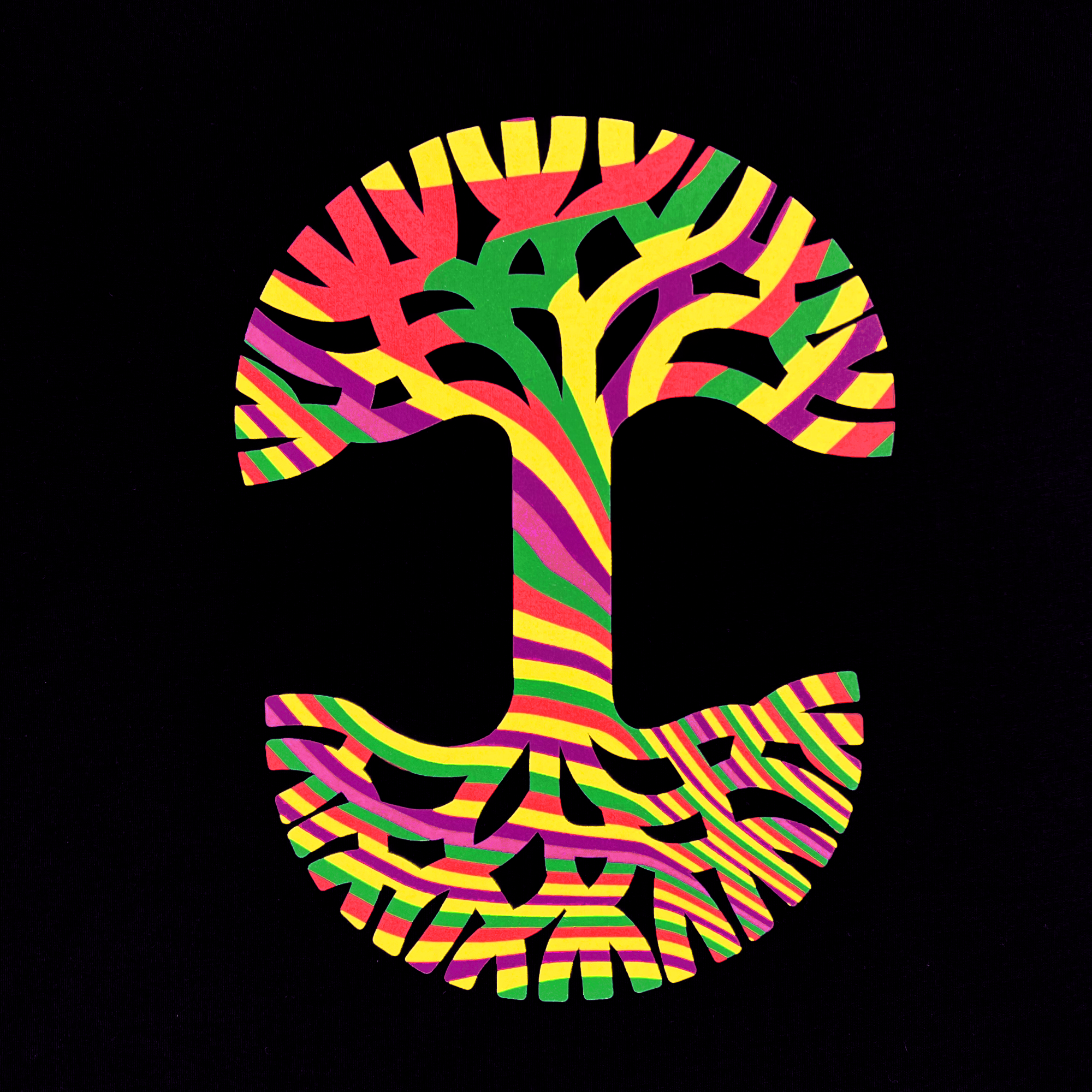 The Women's Stripe Tree Tee by Oaklandish showcases a vibrant, stylized tree with a symmetrical design against a black background. The tree's intertwining branches and roots feature bold stripes in red, yellow, green, and purple, creating a lively psychedelic effect. This t-shirt is made from 100% cotton for classic fit comfort.