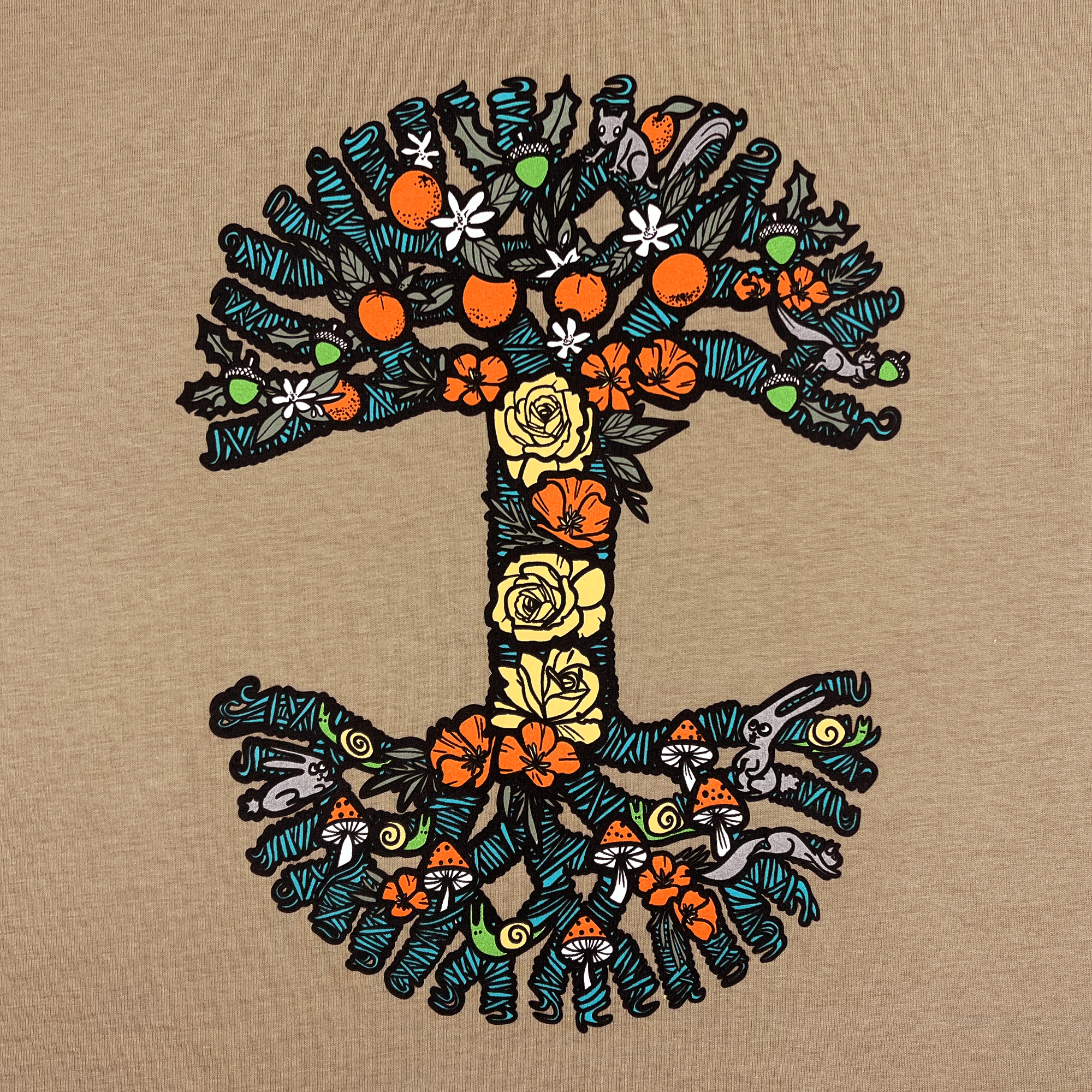 This Women's Thriving Tree Crop Tee by Oaklandish features an artistic depiction of a tree with a T-shaped trunk. The foliage bursts with colorful elements, including orange fruits, green leaves, and vibrant flowers intricately woven into a classic tree logo against a solid beige background. Made from 100% cotton.