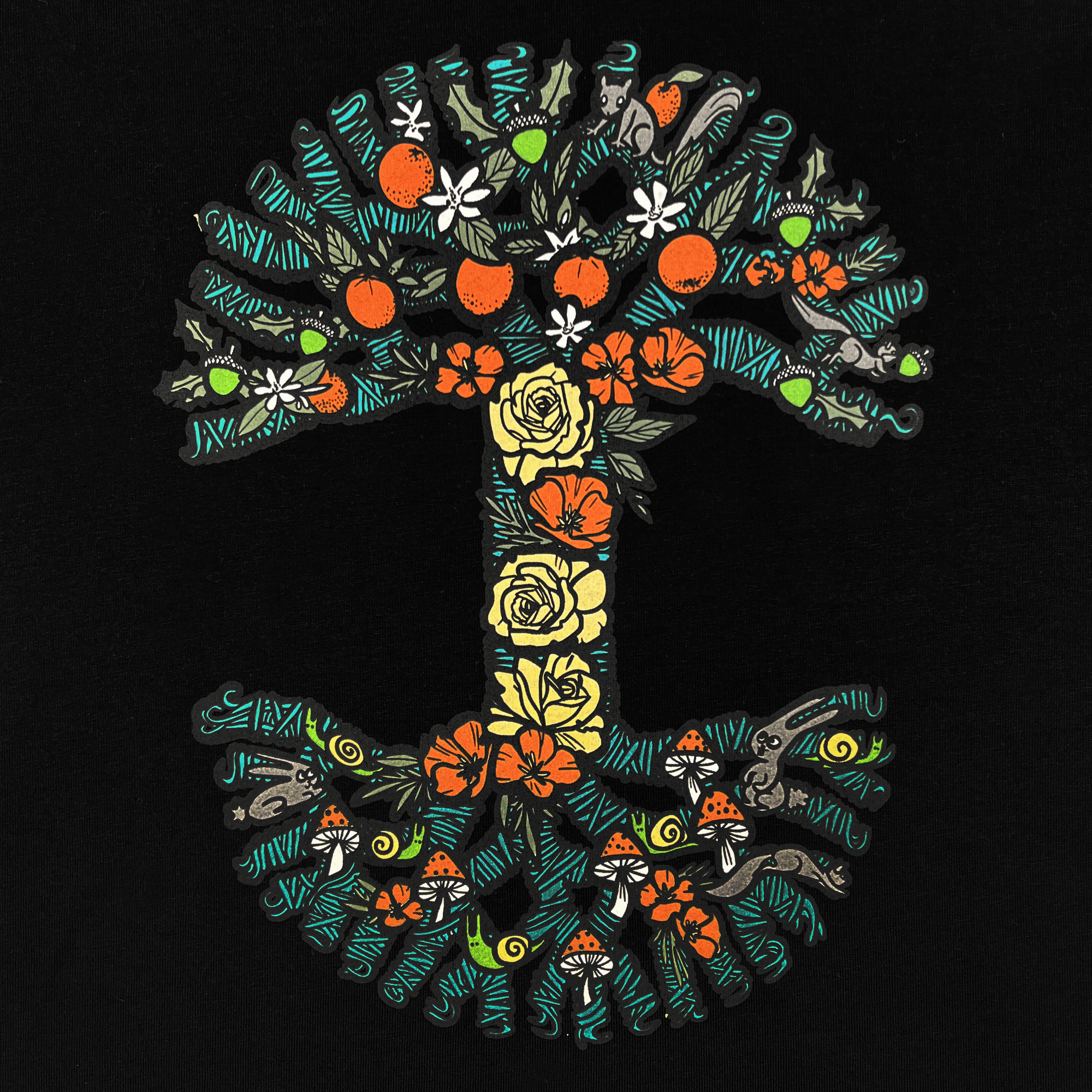 The Women's Thriving Tree Tee by Oaklandish features an intricate illustration of a mushroom filled with colorful floral patterns adorning this classic fit t-shirt. The stem boasts yellow roses and smaller flowers, while the cap showcases orange fruits, white blossoms, and green foliage. Birds and other mushrooms are seamlessly integrated into the design against a black background.