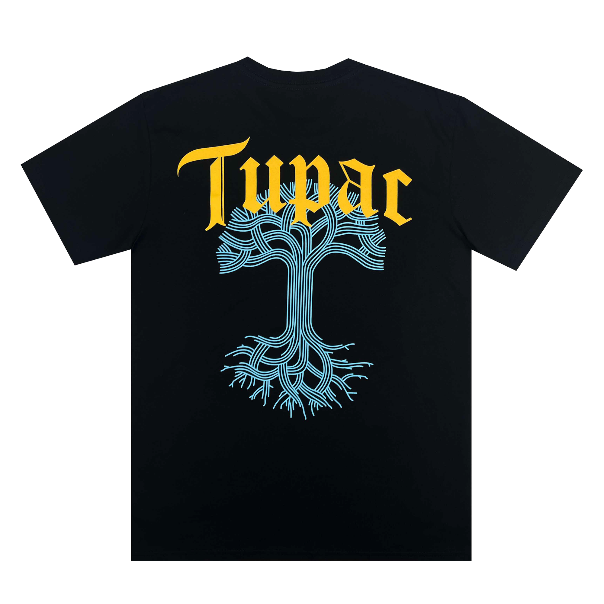 Introducing the "Throne Tee" by Oaklandish: This black t-shirt showcases "Tupac" in bold yellow gothic lettering across the top. Beneath, a stylized light blue tree with complex roots and branches creates a striking central vertical design, symbolizing his Oakland hip-hop heritage. The simple background enhances the prominence of the artwork.