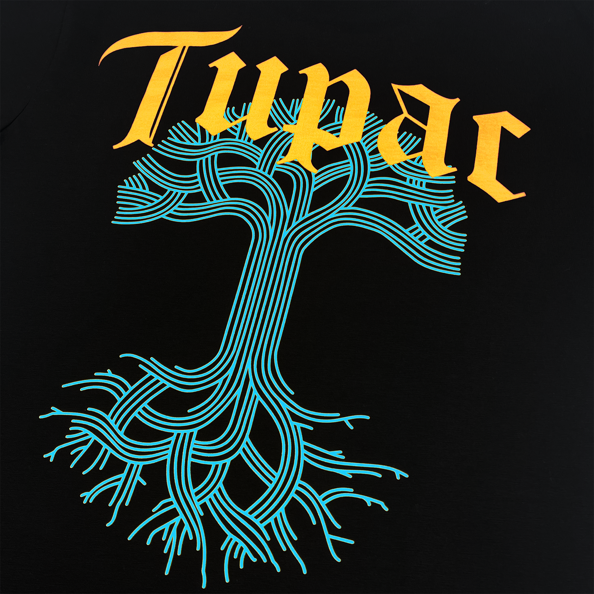 A stylized depiction on a black background showcases the "Throne Tee," with the name "Tupac" written in bold, yellow, gothic script. Capturing the essence of hip-hop, below this text is an intricate blue design from Oaklandish that resembles a tree, with its branches reaching upward and roots spreading downward to form a symmetrical pattern.