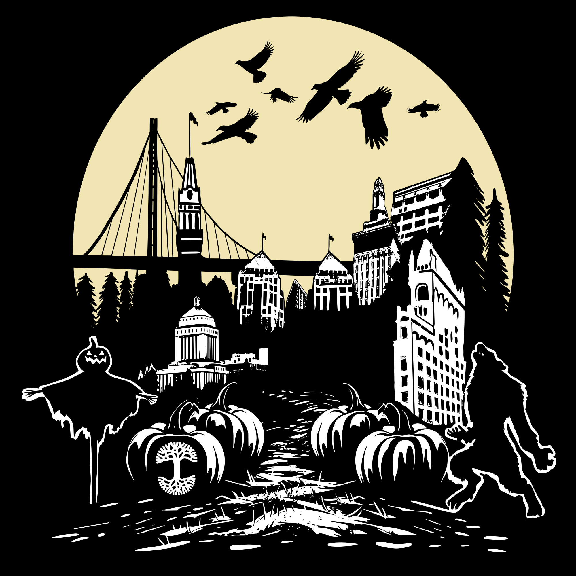 A silhouette image of a cityscape featuring iconic buildings and a large bridge set against a yellow moon, with pumpkins, a scarecrow, and a Bigfoot-like figure in the foreground. Birds fly across the sky as tall trees frame the scene. This eerie Halloween-inspired design is perfect for the Oaklandish Toddler Fright Town Tee from our Kids Collection, made from 100% cotton.