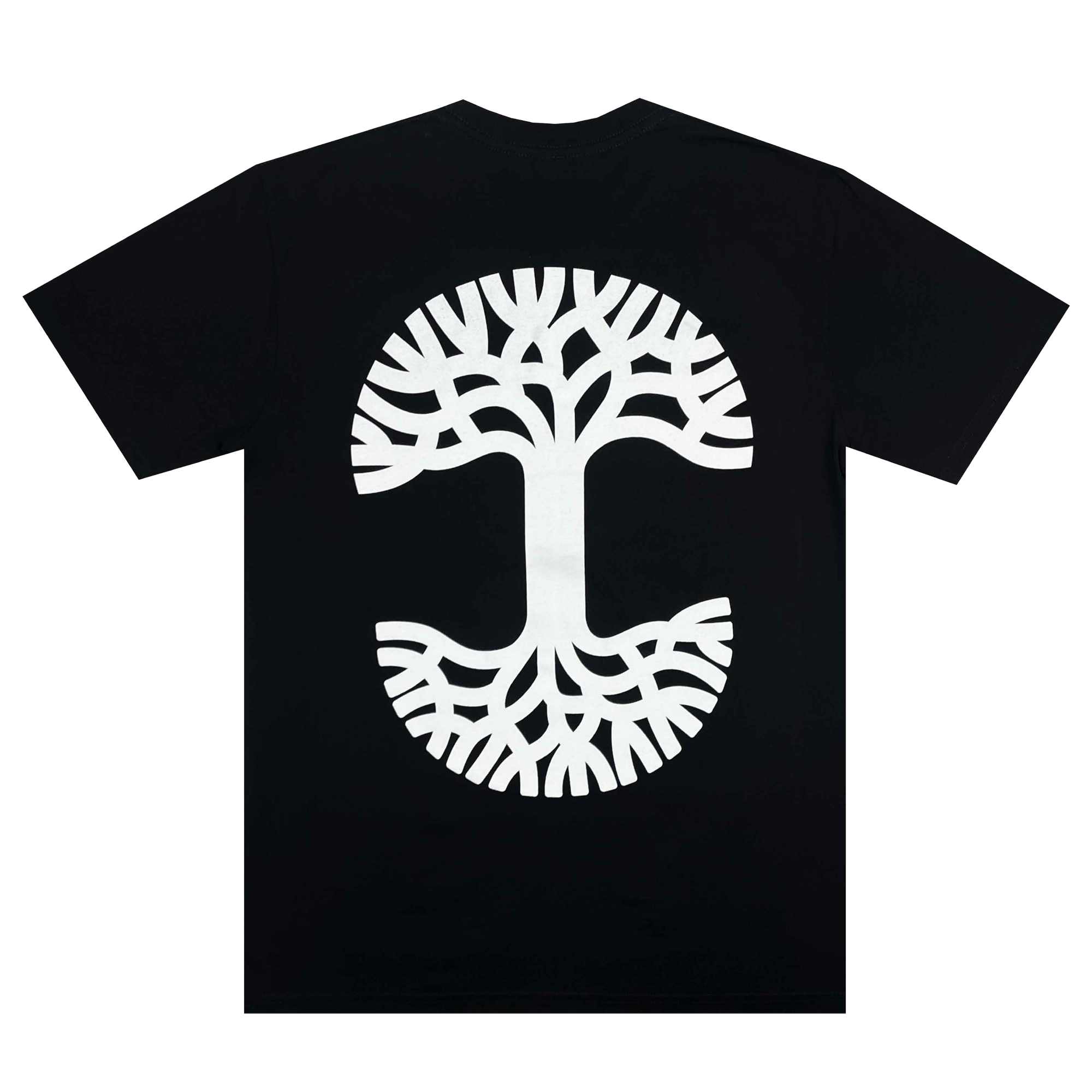 Introducing the PacLogo Tee by Oaklandish—this black T-shirt boasts a striking white graphic of a stylized tree, mirroring classic Oaklandish design. The symmetrical branches radiate in all directions, symbolizing urban roots and style. Positioned at the center of the back, it creates a bold contrast with the black fabric, subtly paying homage to hip-hop culture.