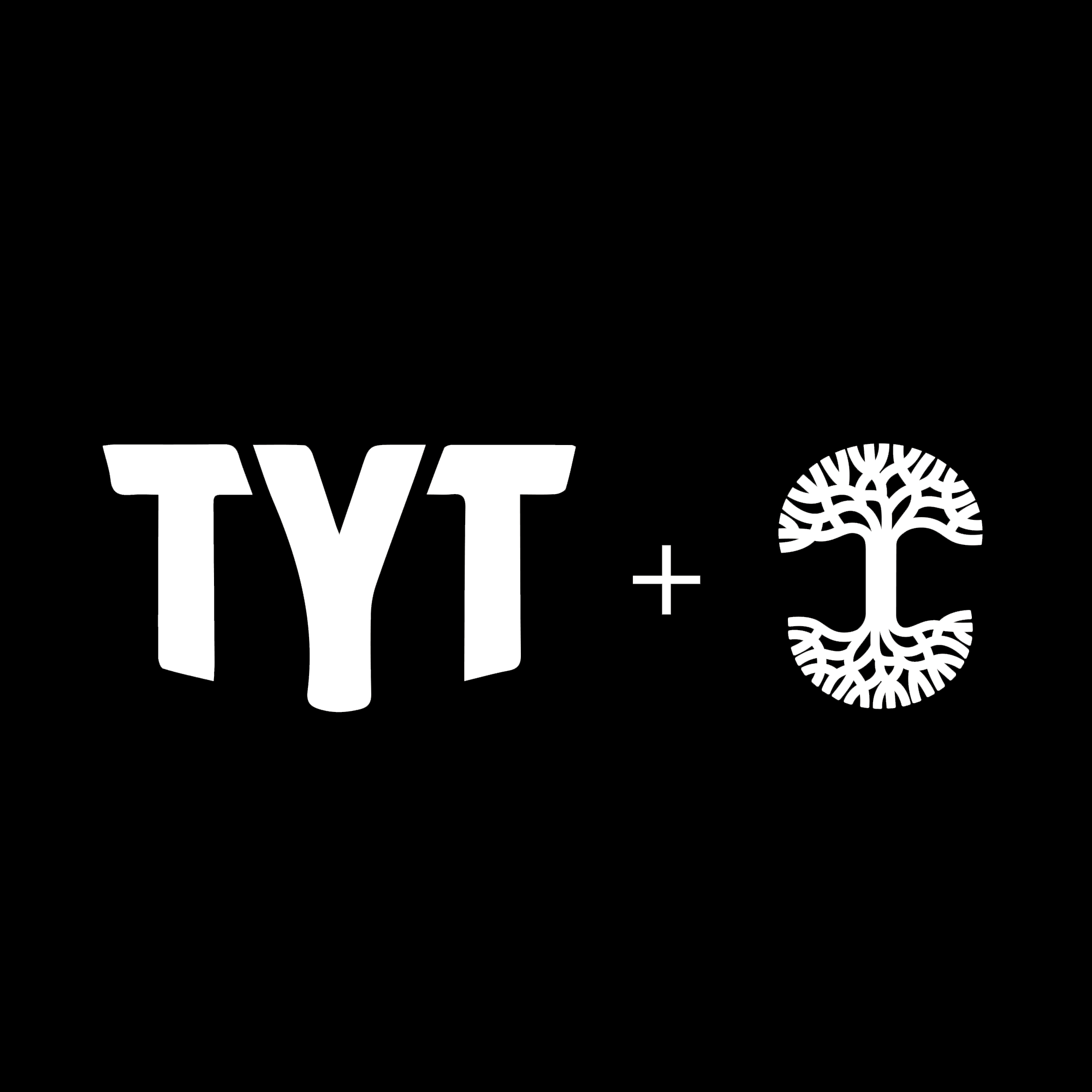 White text "TYT" alongside a plus sign and a kidney-shaped stylized tree, all set against a black background on the TYT Ballot Box Tee by Oaklandish, symbolizing the vote for local impact.