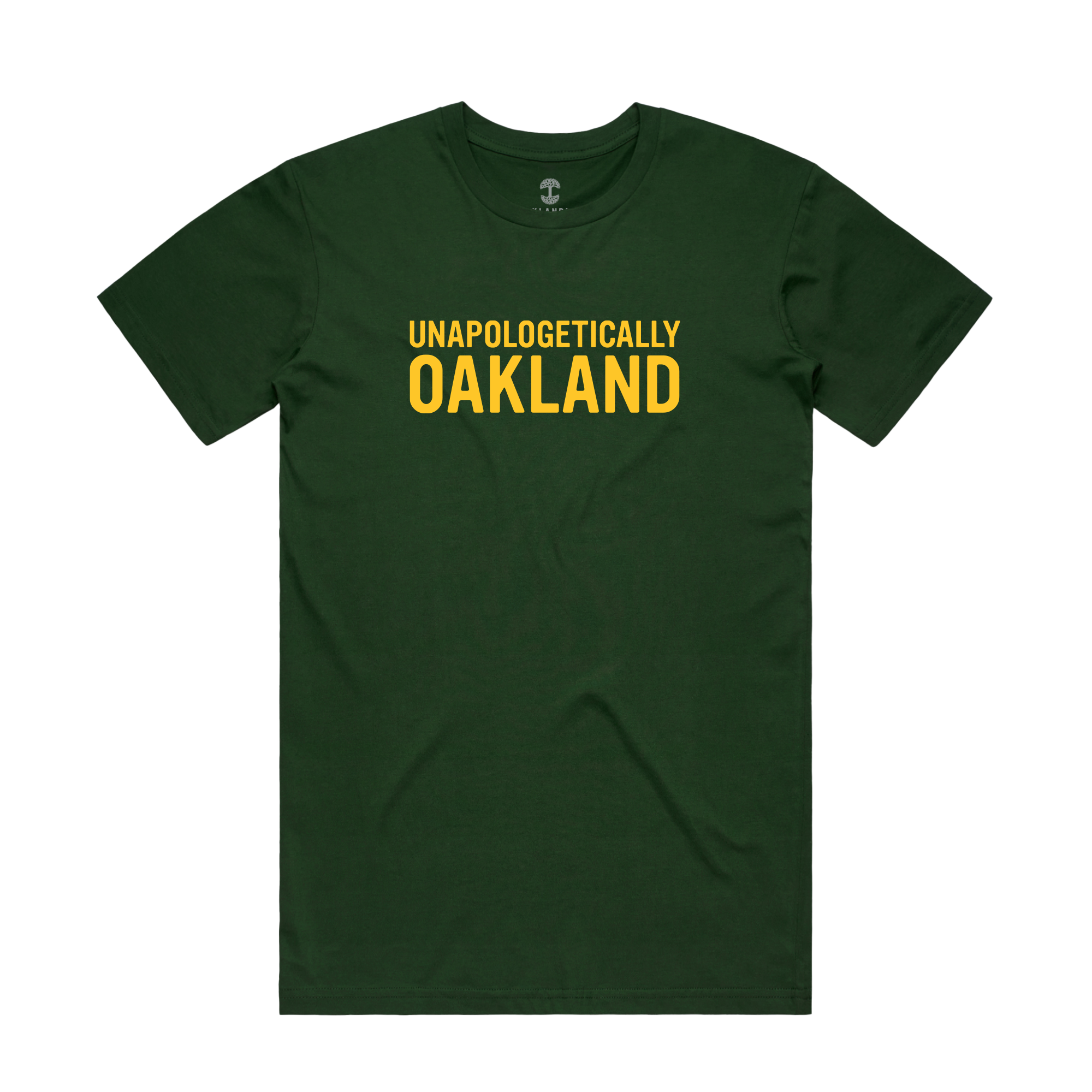 The Unapologetic Tee by Oaklandish is a 100% cotton, green men's T-shirt with a classic fit, short sleeves, and a round neckline. It features bold yellow text centered on the front that reads "UNAPOLOGETICALLY OAKLAND.