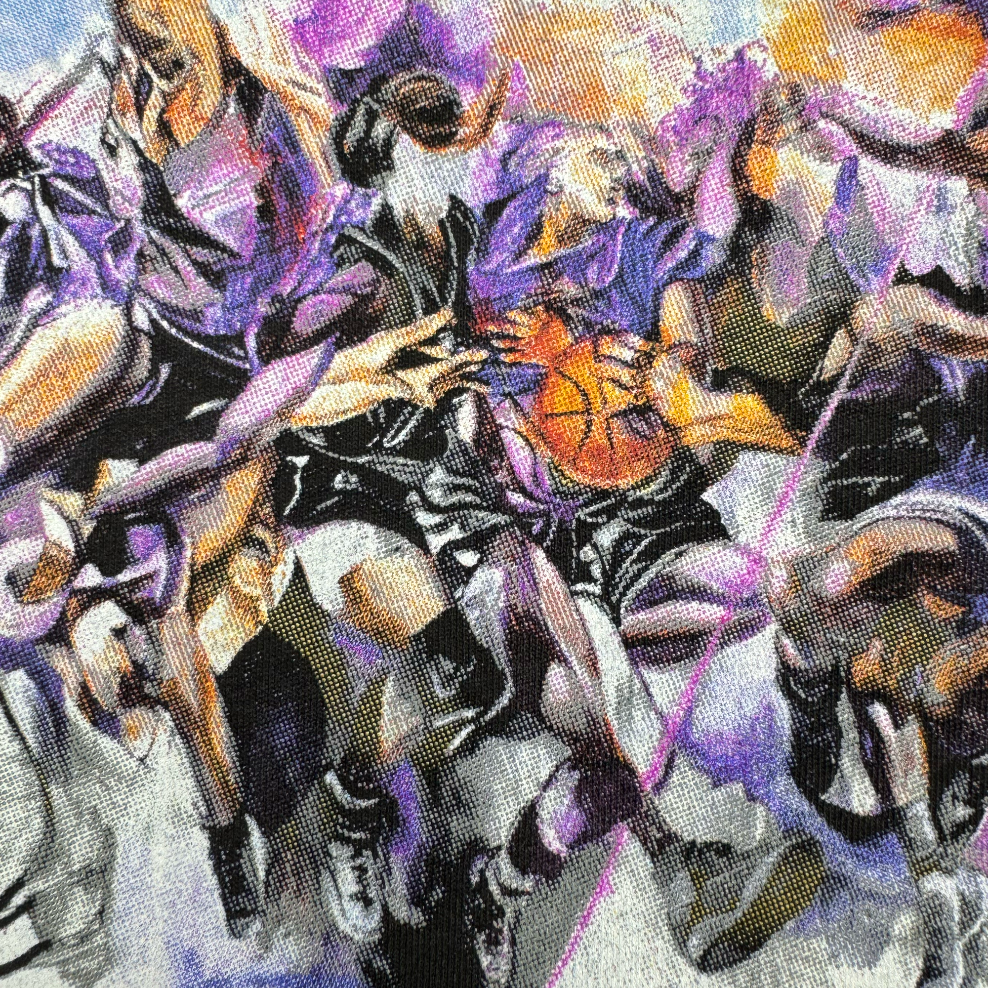 Dynamic basketball scene abstract depicting distorted figures in motion, inspired by the Golden State Valkyries. The athletes appear in shades of purple, orange, and black, with their blurred limbs embodying the artistic style found in GSV's Golden State Valkyries Art of Expansion Tee. A vibrant orange basketball at the center intensifies swirling patterns to enhance a sense of movement.