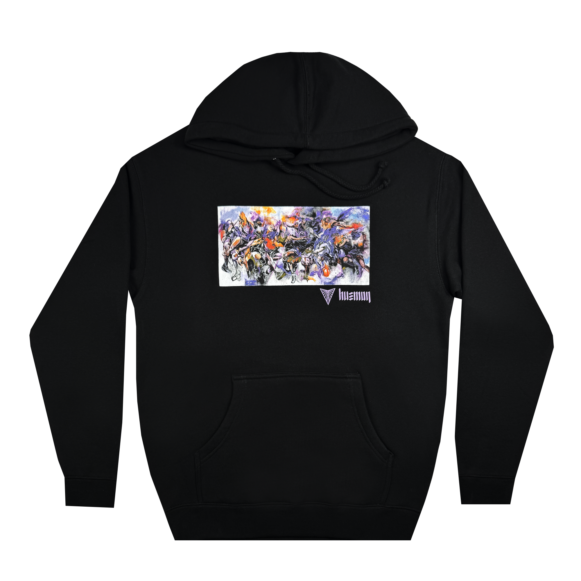 Introducing the Golden State Valkyries Art of Expansion Hoodie by GSV. This black hoodie showcases a vibrant, abstract design on the back, echoing Hueman's dynamic style with striking reds and blues. A small, stylized "Illuvium" logo is elegantly printed in white below the design. It features a front pocket and a convenient drawstring hood for added comfort and style.