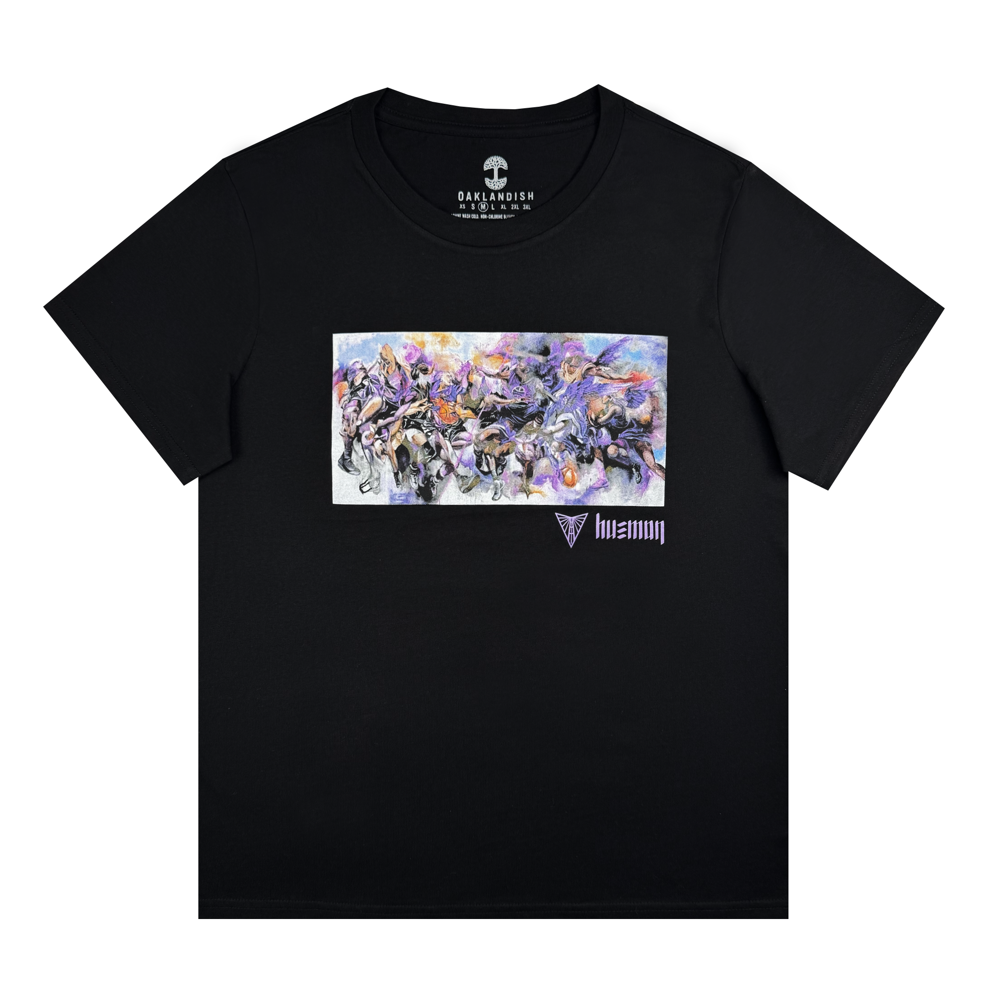 Women's Golden State Valkyries Art of Expansion Tee by GSV, featuring a colorful abstract design inspired by Hueman. The design depicts various animals in dynamic, swirling motion with hues of purple, blue, and white. A small purple emblem and text are placed below the artwork, while the names "GSV" and "Art of Expansion" are elegantly showcased at the top.