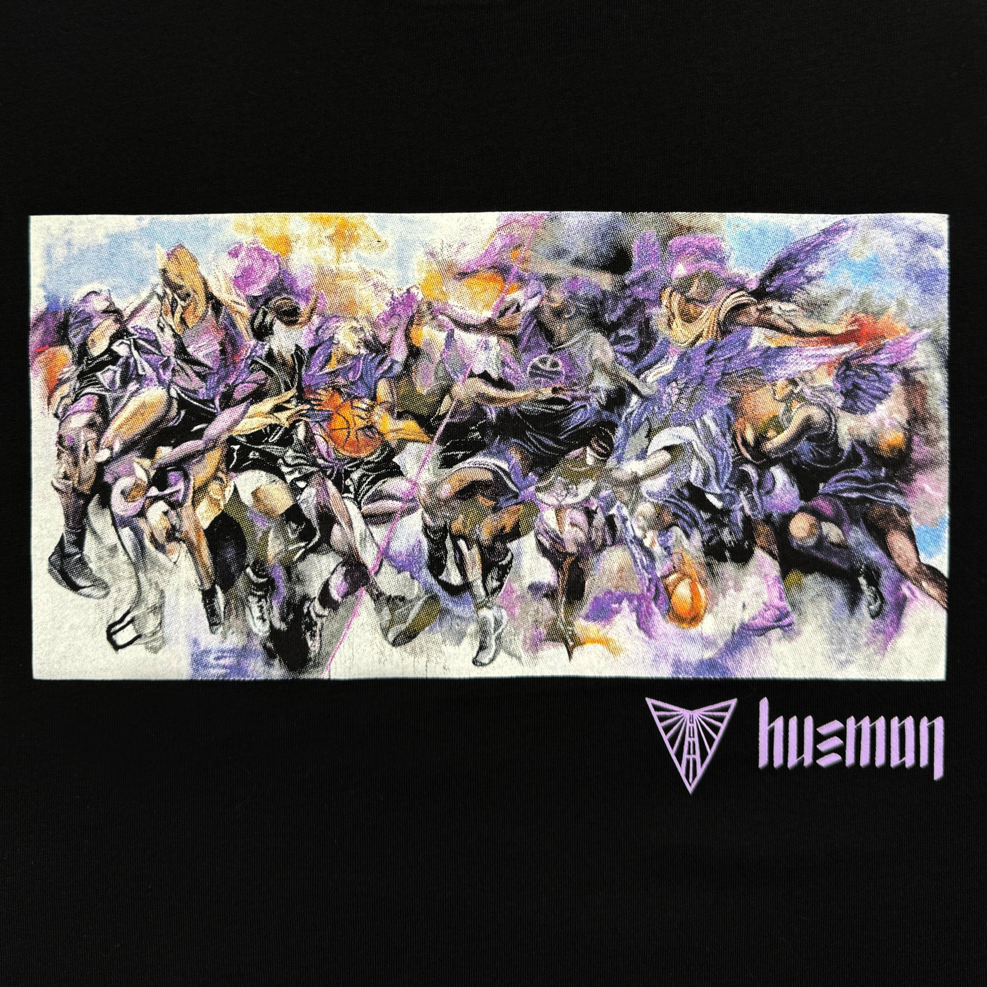 A vibrant depiction of basketball players in motion captures the essence of the Golden State Valkyries, set against a lively and chaotic backdrop. The blurred athletes highlight speed and vitality through vivid splashes of purple, orange, and blue, with "huzmon" inscribed in the bottom right corner. Featured on the GSV Golden State Valkyries Art of Expansion Tee.