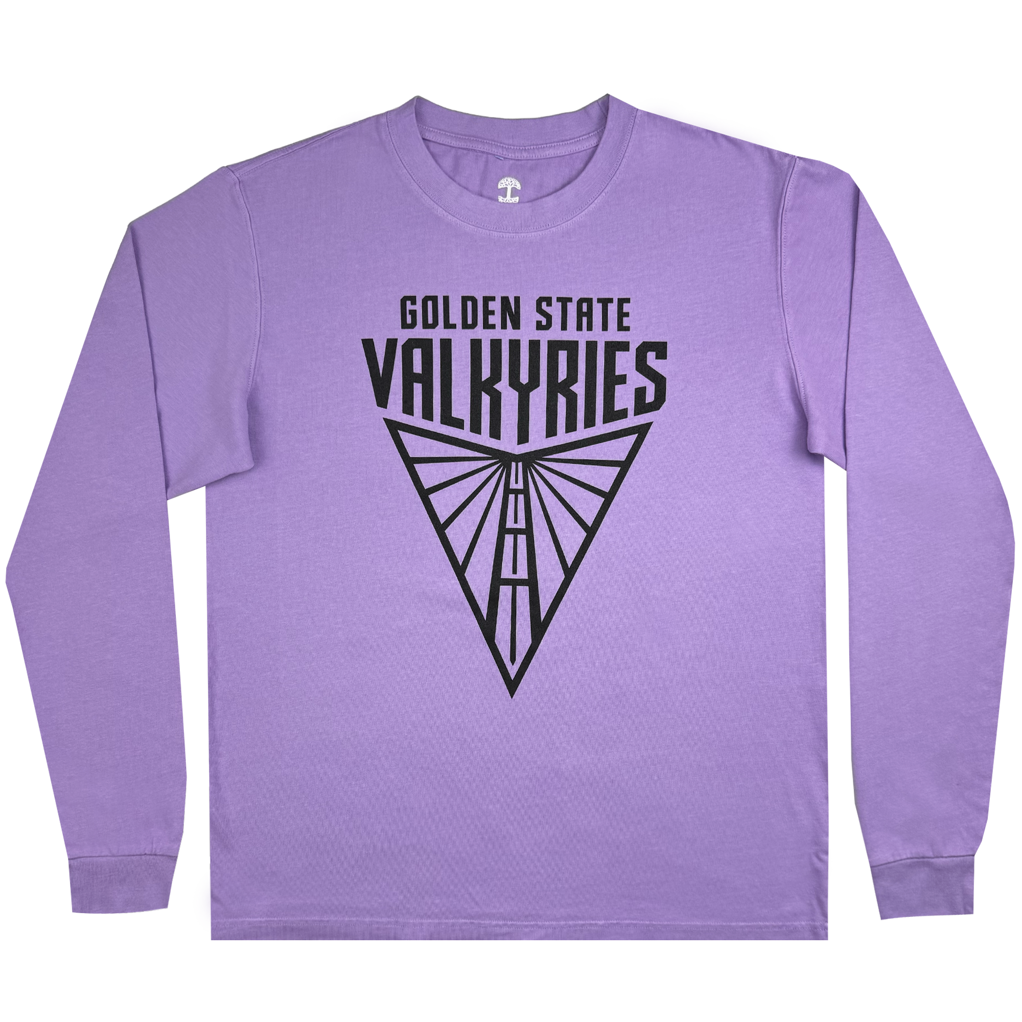 The GSV Golden State Valkyries Primary Heavy LS Tee is a purple long-sleeve sweatshirt made of organic cotton with a black spearhead-like geometric design and "Golden State Valkyries" text, set against a transparent background to showcase its vibrant color and unique graphic.