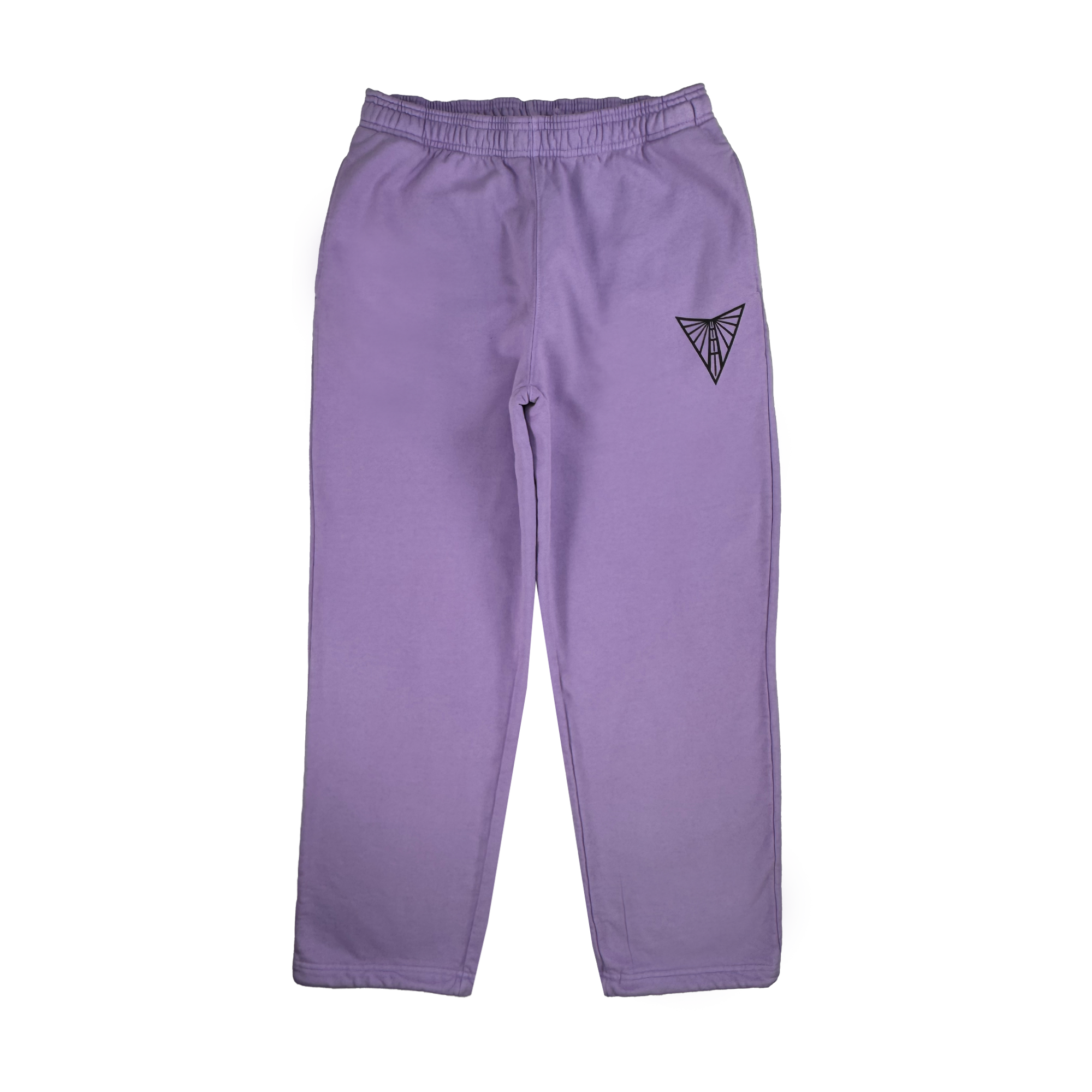 The GSV Golden State Valkyries Primary Heavy Sweatpants for men are purple, made from organic cotton, and feature an elastic waistband with a black geometric logo on the left hip. These comfy sweatpants have side pockets and a straight-leg design against a plain white background.