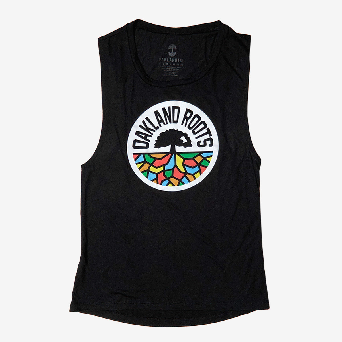 The Women's Oakland Roots SC Logo Tank by Oakland Roots SC is a sleeveless black shirt featuring a central circular logo with the text "OAKLAND ROOTS" at the top. The logo displays an abstract tree above a mosaic of colorful, geometric shapes in blue, green, and orange, symbolizing the roots of this dynamic sports club.