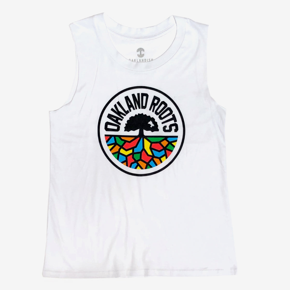 The Women's Oakland Roots SC Logo Tank from Oakland Roots SC is a stylish white tank top featuring a vibrant, circular logo in the center. The logo includes a stylized tree with multicolored roots, surrounded by the text "OAKLAND ROOTS" at the top. Made of soft, breathable fabric, this tank top is perfect for fans of the sports club and ideal for casual wear.