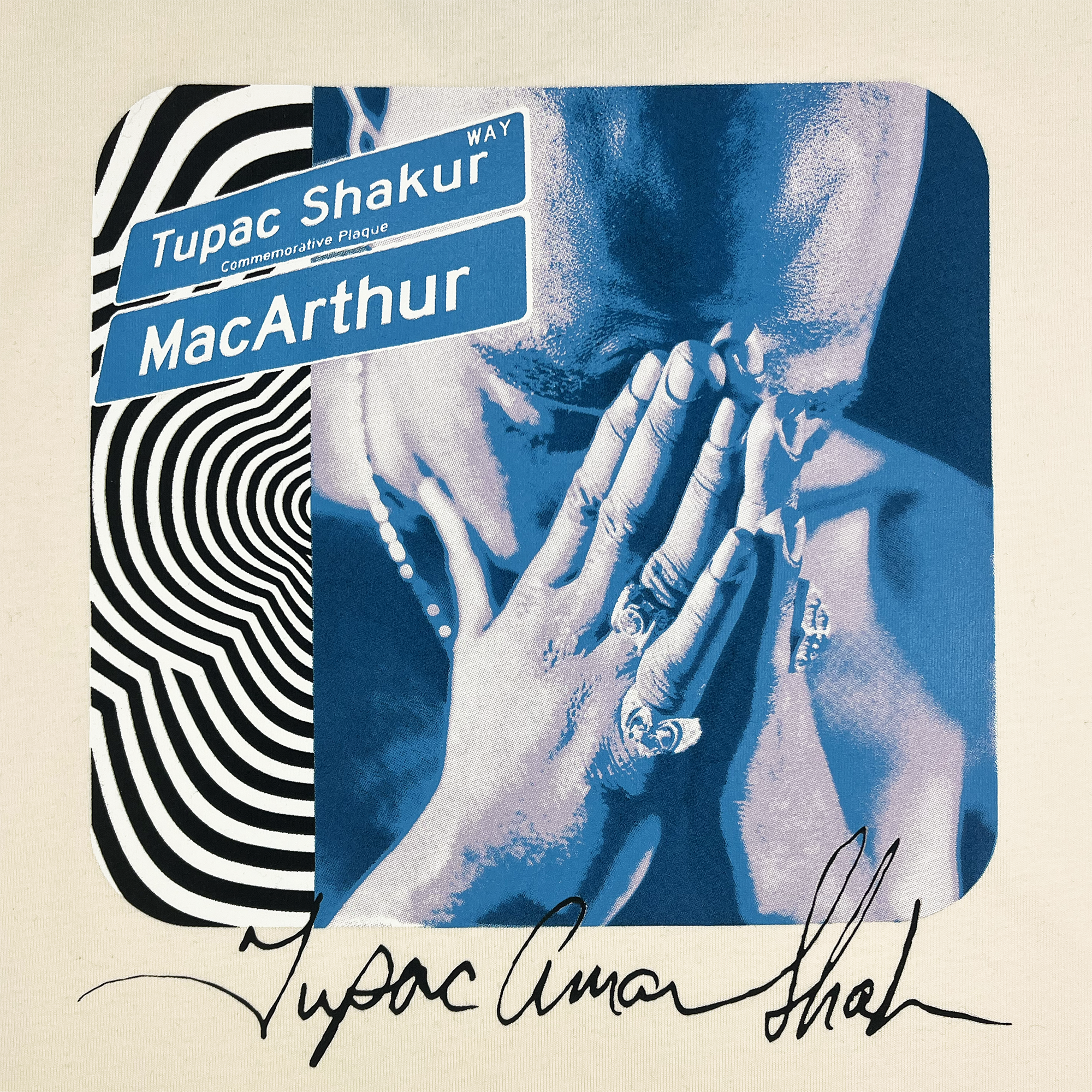 A stylized image showcases a person with clasped hands in blue tones against a black and white spiral pattern on the left. Text overlays read "Wavy Tupac Tee" and "Oaklandish." Embracing Oakland’s hip-hop legacy, the bottom showcases: "Tupac Amaru Shakur.