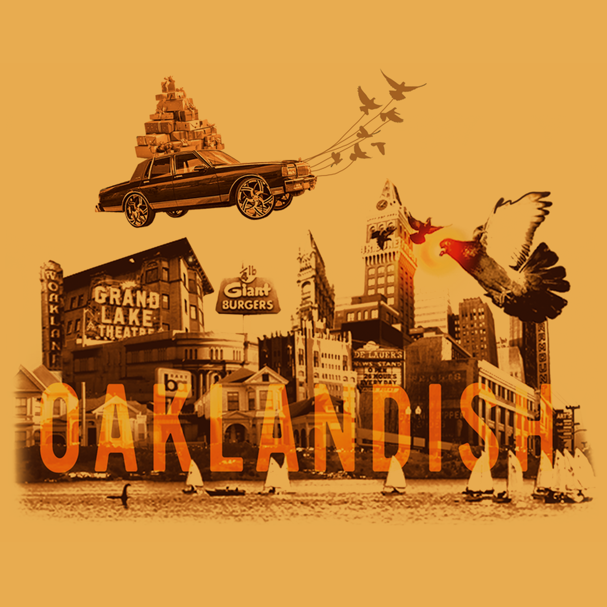 The Winter Flight Tee by Oaklandish features a vintage collage on a classic fit t-shirt, illustrating an Oakland cityscape with "OAKLANDISH" prominently displayed. A classic car with speakers flies above, followed by birds. Notable landmarks like the "Grand Lake Theater" and "Giant Burgers" are depicted as a large hat-wearing bird drinks from a cup against the skyline.