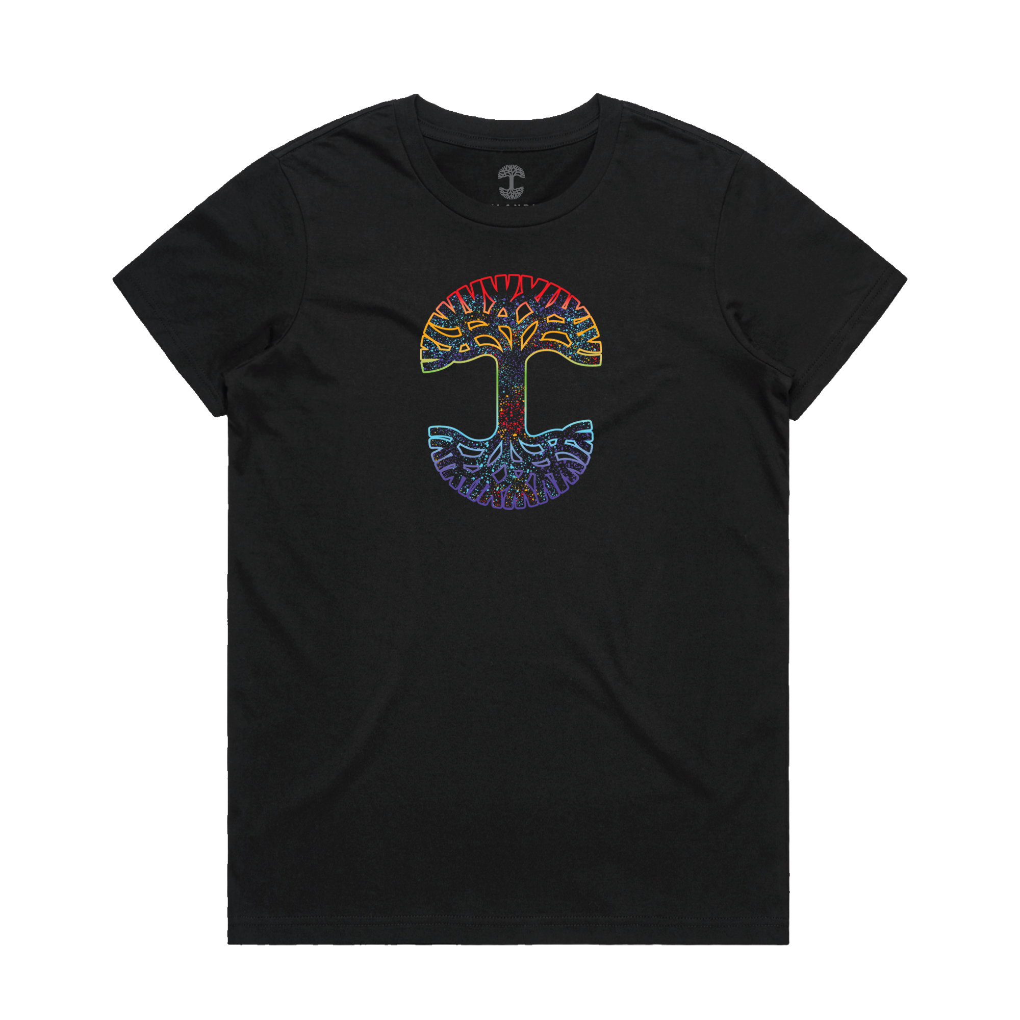 The Women's Prism Tee by Oaklandish is a black, 100% cotton T-shirt featuring a colorful symmetrical tree design with bright rainbow roots and branches. It has a classic fit and is showcased flat on a white background.