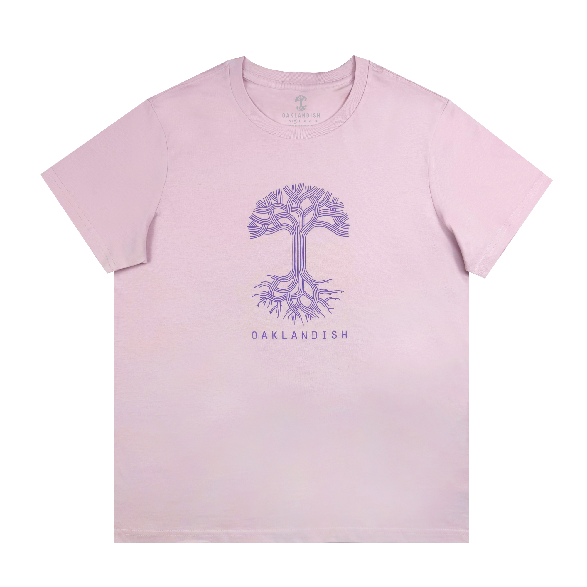 The Women's Oaklandish Classic Logo Tee, a 100% cotton light orchid pink t-shirt, displays a stylized purple tree with intricate roots and branches centered above "OAKLANDISH" in purple.