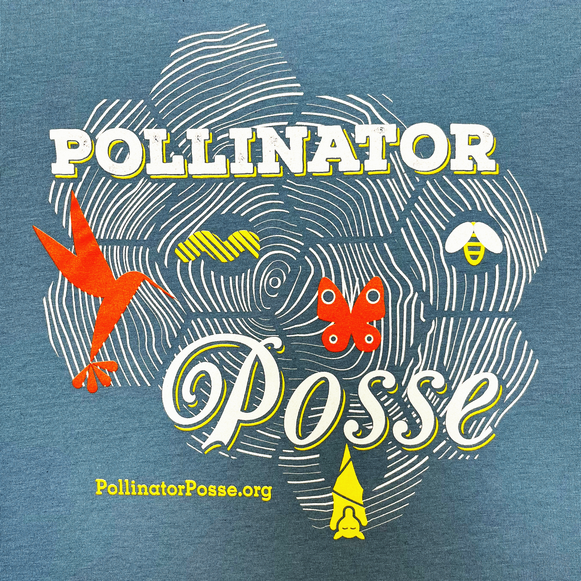 Close-up on Pollinator Posse graphic on the front chest of a Niagra blue t-shirt.